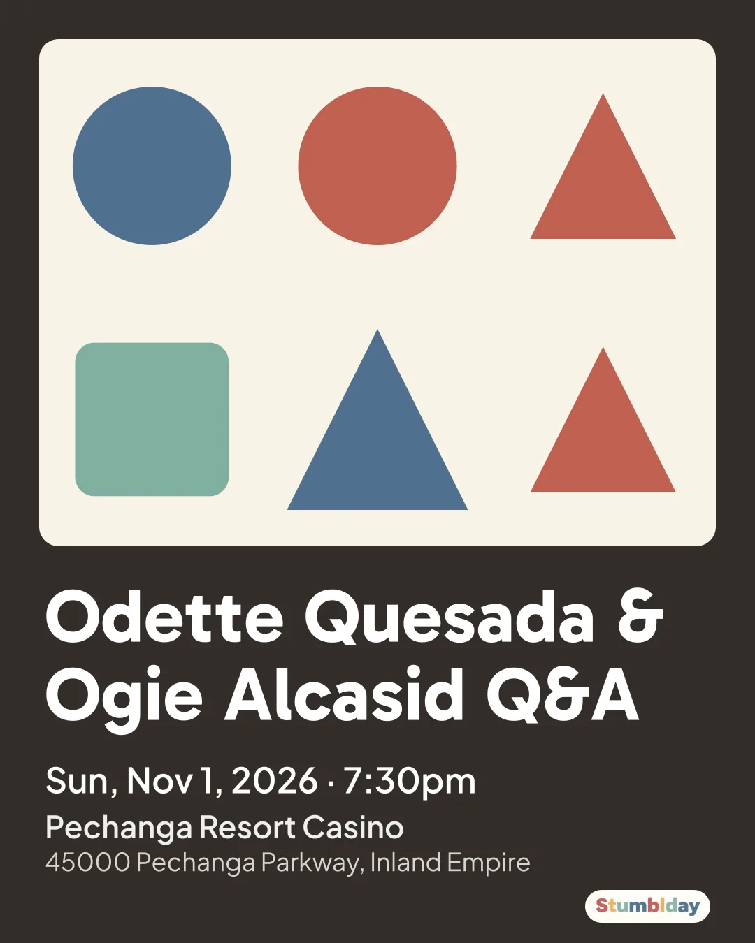Flyer for Odette Quesada & Ogie Alcasid Q&A: Sun, Nov 1, 2026 · 7:30pm at Pechanga Resort Casino