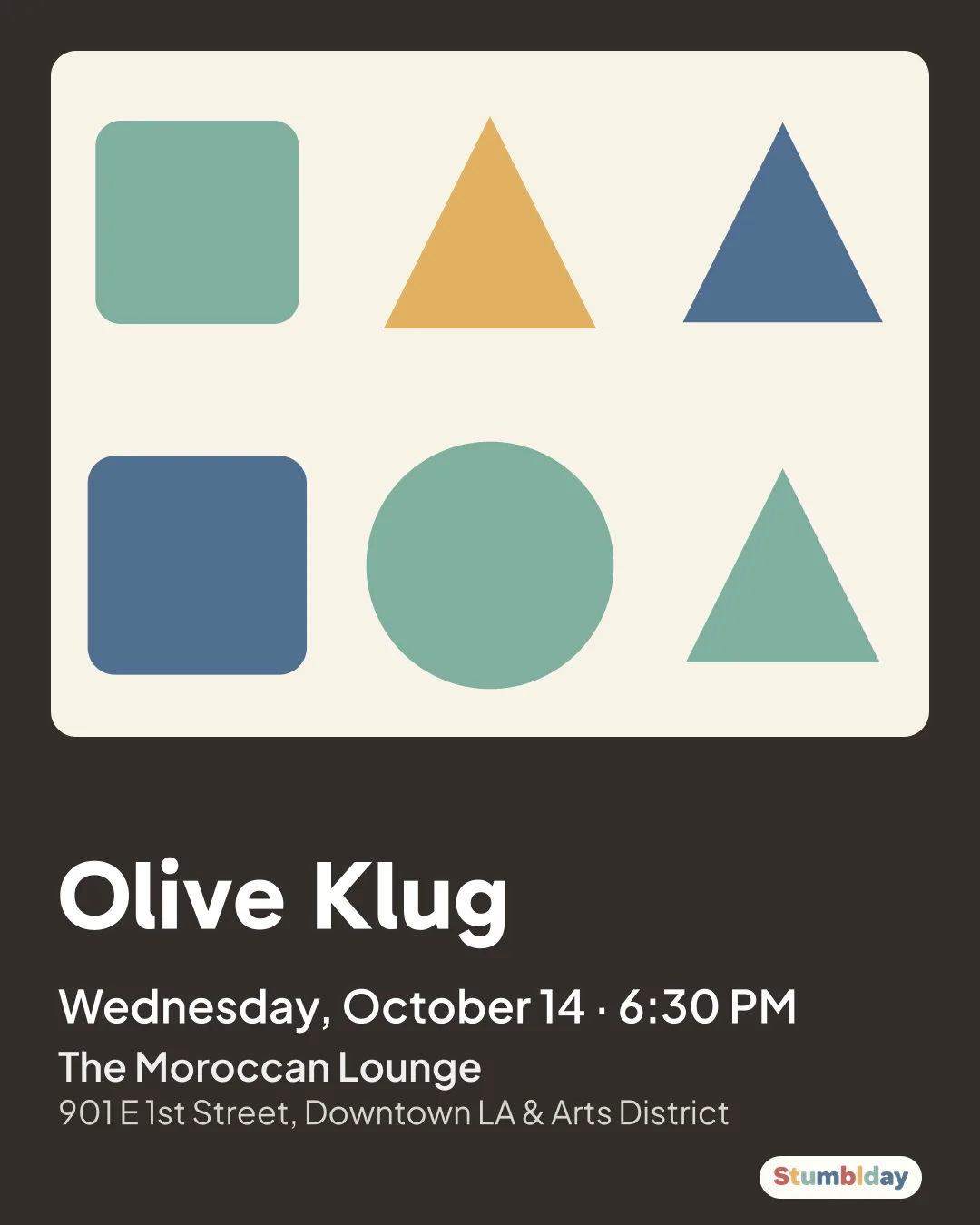 Flyer for Olive Klug: Wednesday, October 14 · 6:30 PM at The Moroccan Lounge