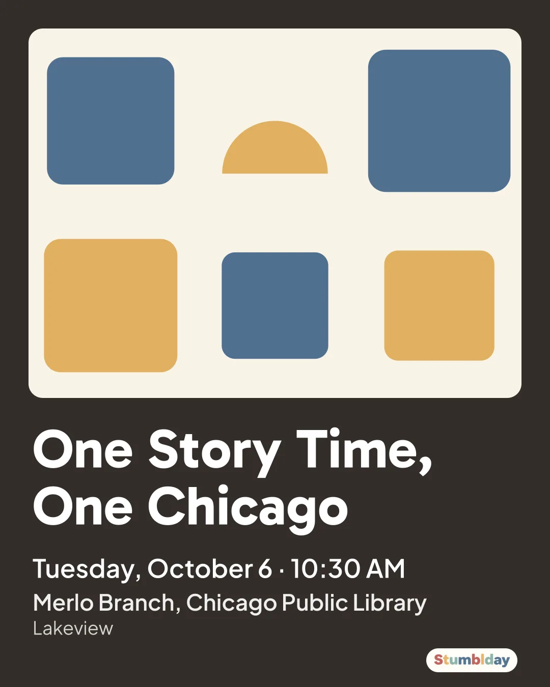 Flyer for One Story Time, One Chicago: Tuesday, October 6 · 10:30 AM at Merlo Branch, Chicago Public Library