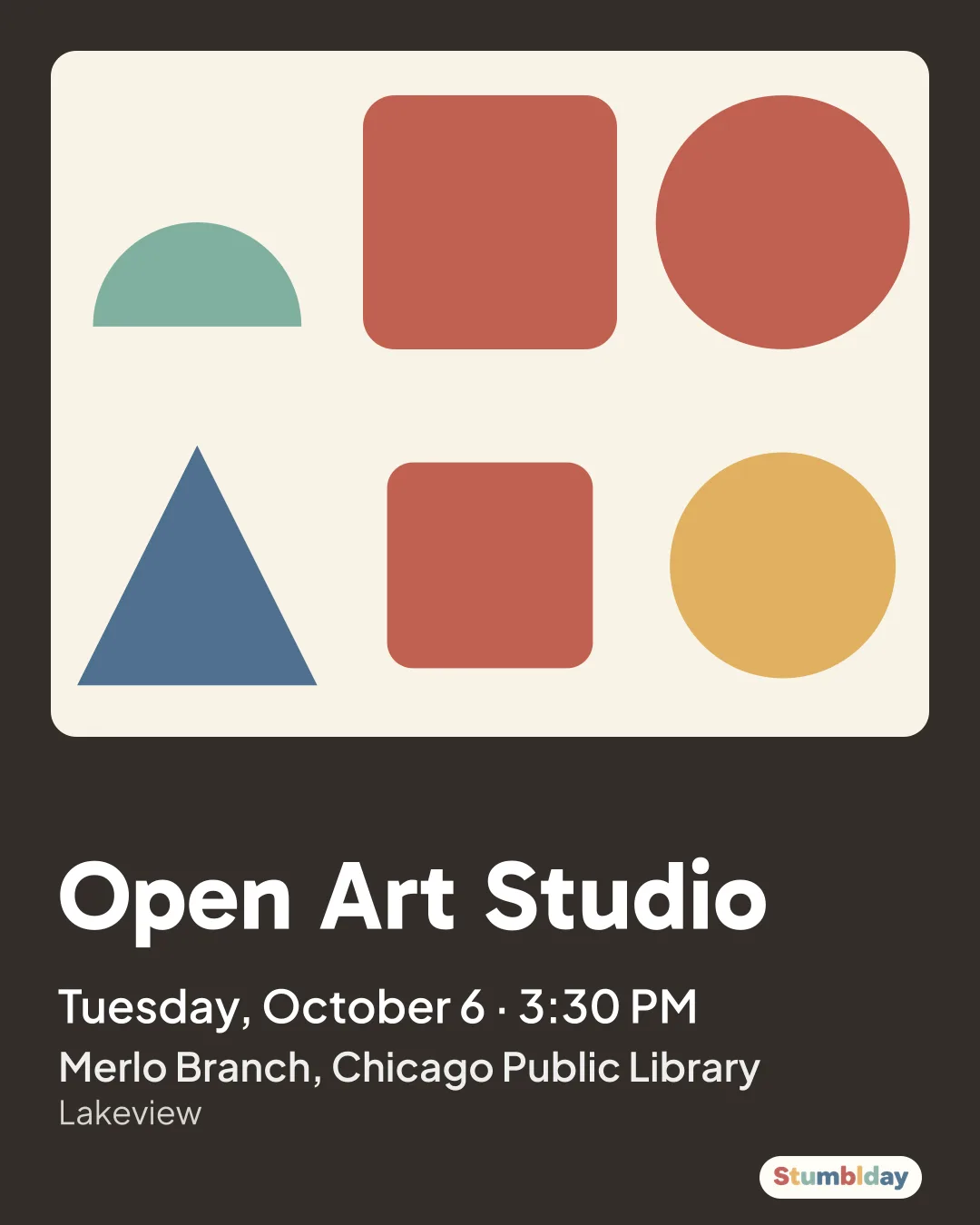 Flyer for Open Art Studio: Tuesday, October 6 · 3:30 PM at Merlo Branch, Chicago Public Library