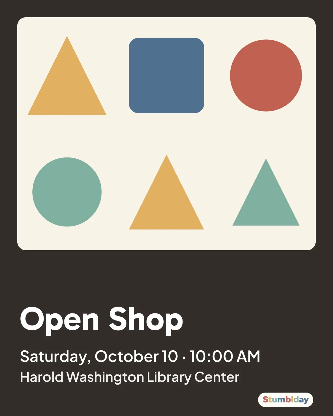 Flyer for Open Shop: Saturday, October 10 · 10:00 AM at Harold Washington Library Center