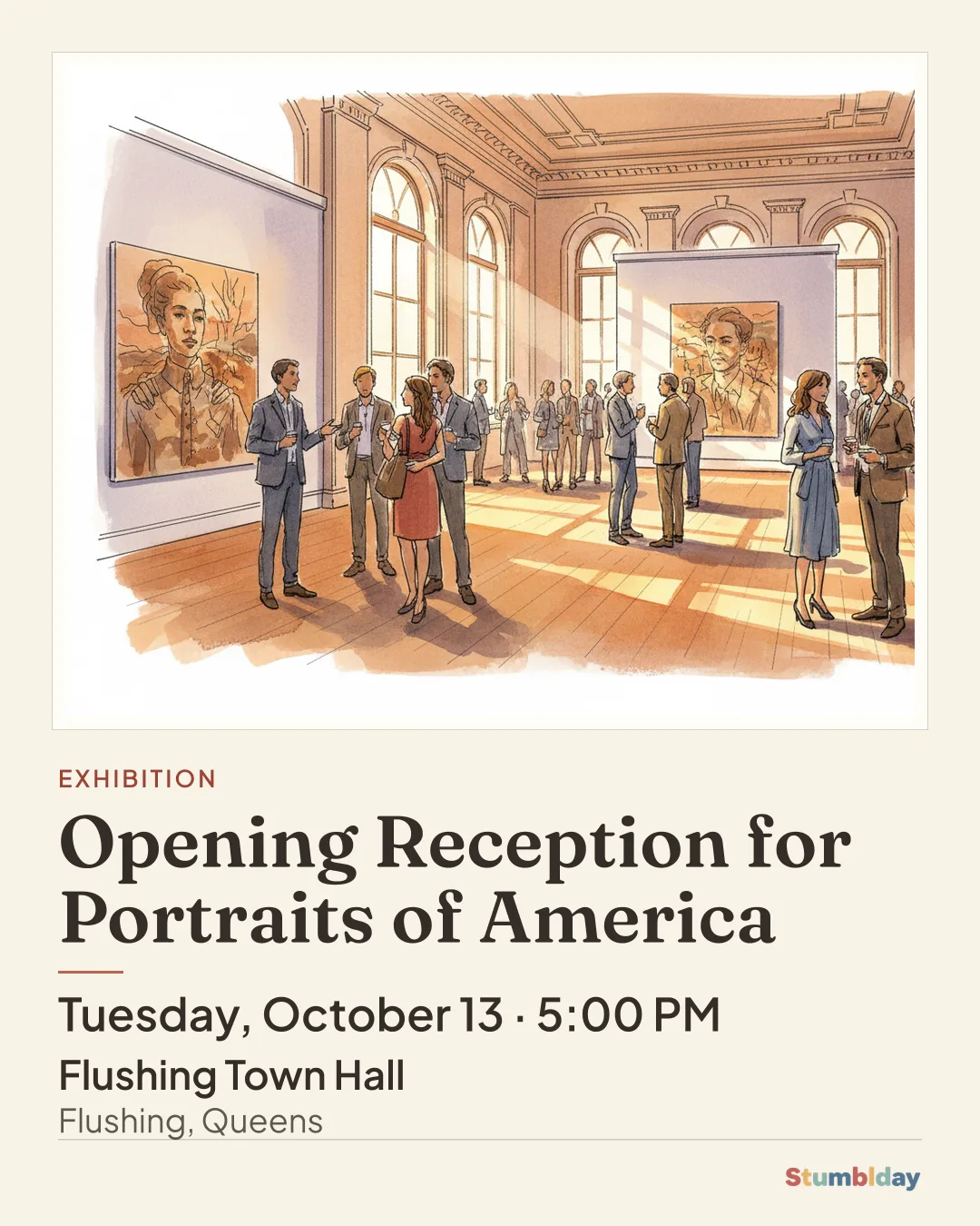 Flyer for Opening Reception for Portraits of America: Tuesday, October 13 · 5:00 PM at Flushing Town Hall