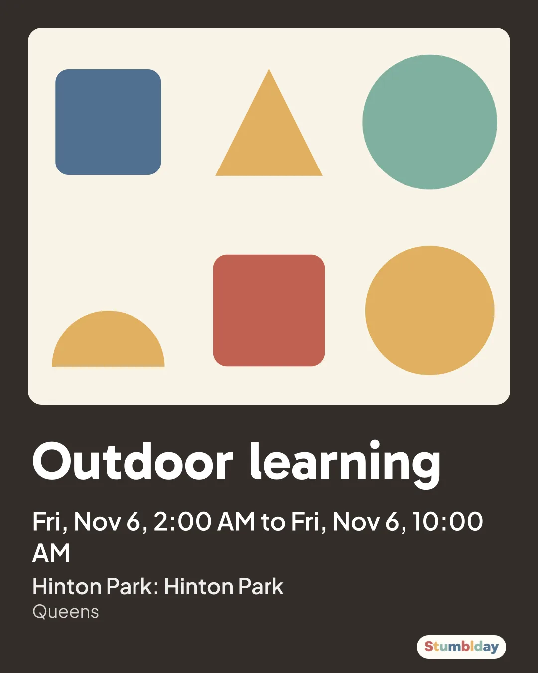Flyer for Outdoor learning: Fri, Nov 6, 2:00 AM to Fri, Nov 6, 10:00 AM at Hinton Park: Hinton Park