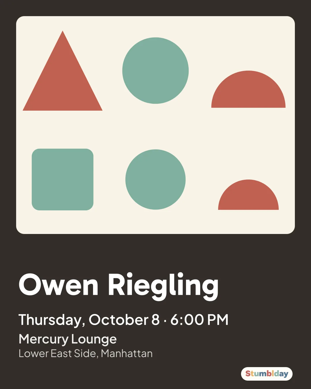Flyer for Owen Riegling: Thursday, October 8 · 6:00 PM at Mercury Lounge
