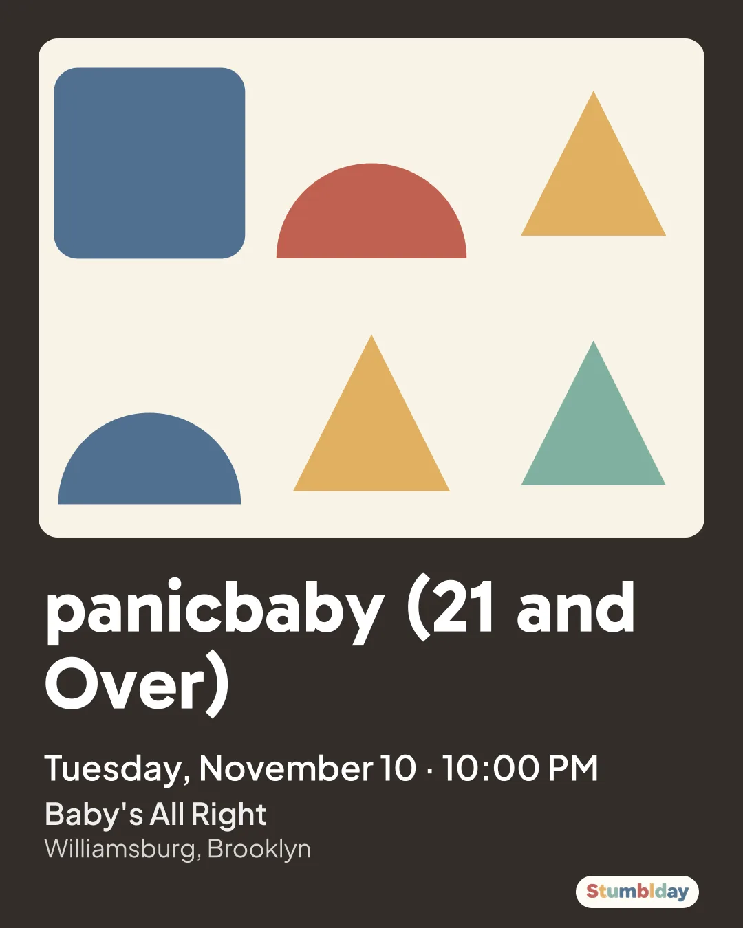 Flyer for panicbaby (21 and Over): Tuesday, November 10 · 10:00 PM at Baby's All Right