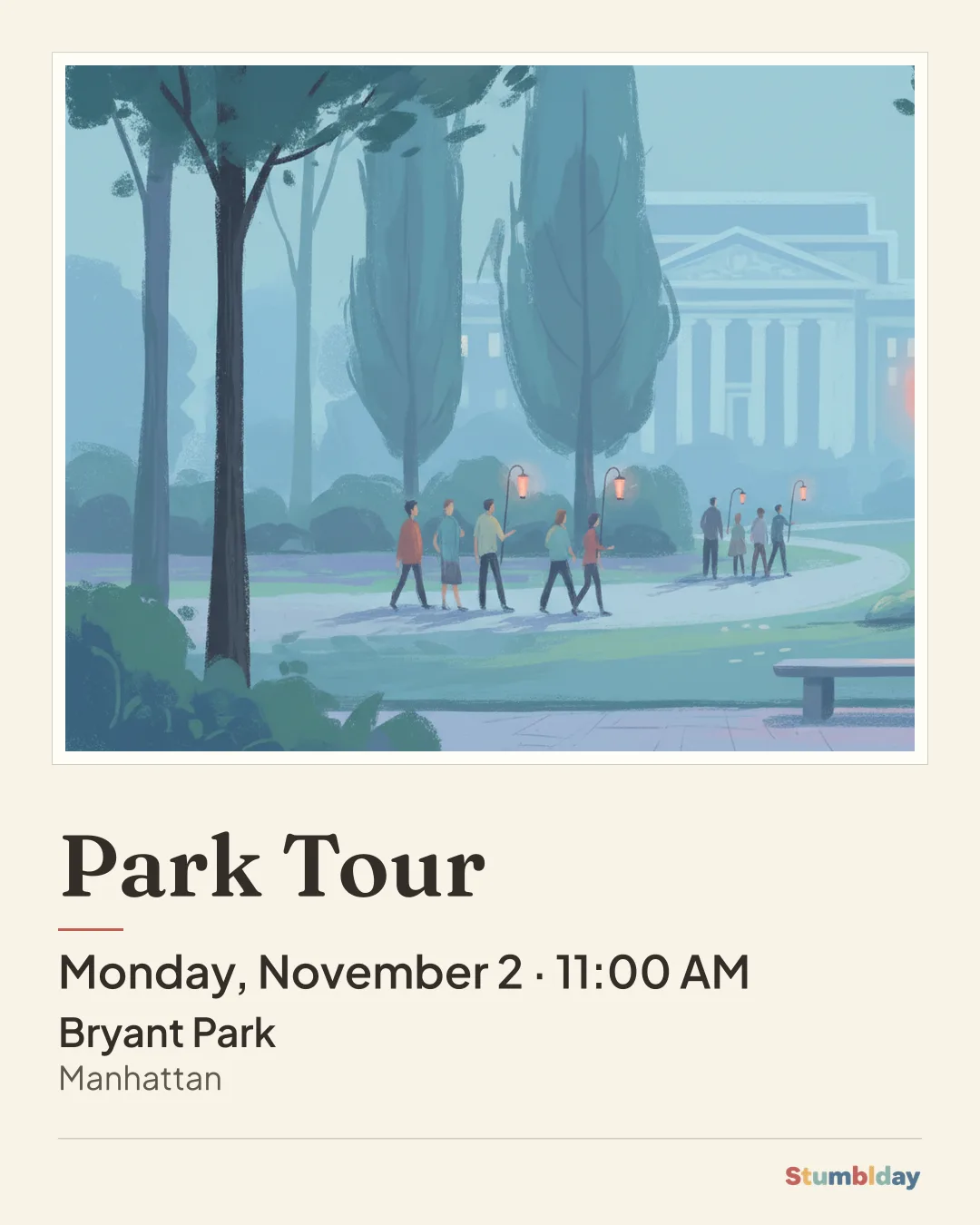 Flyer for Park Tour: Monday, November 2 · 11:00 AM at Bryant Park