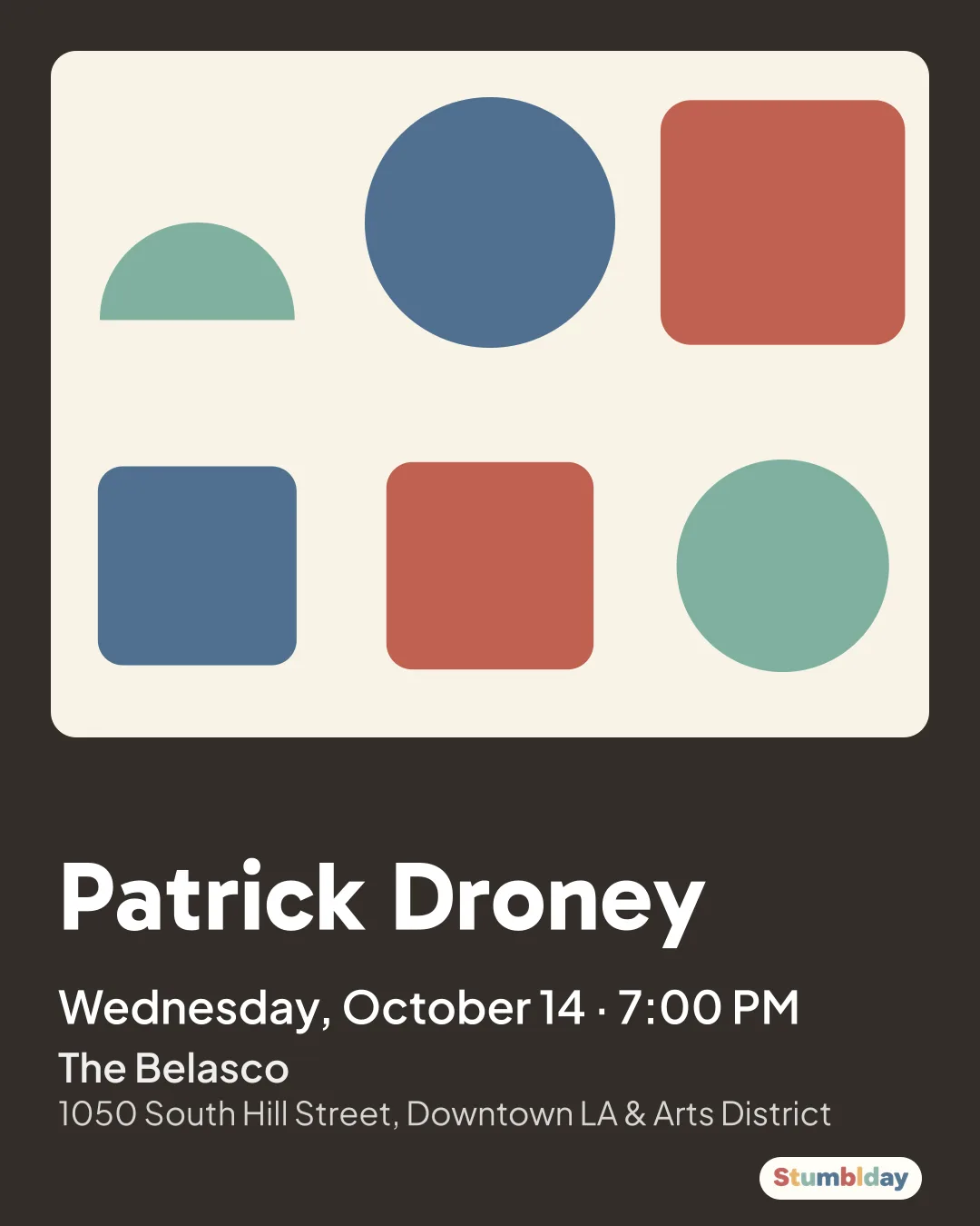 Flyer for Patrick Droney: Wednesday, October 14 · 7:00 PM at The Belasco