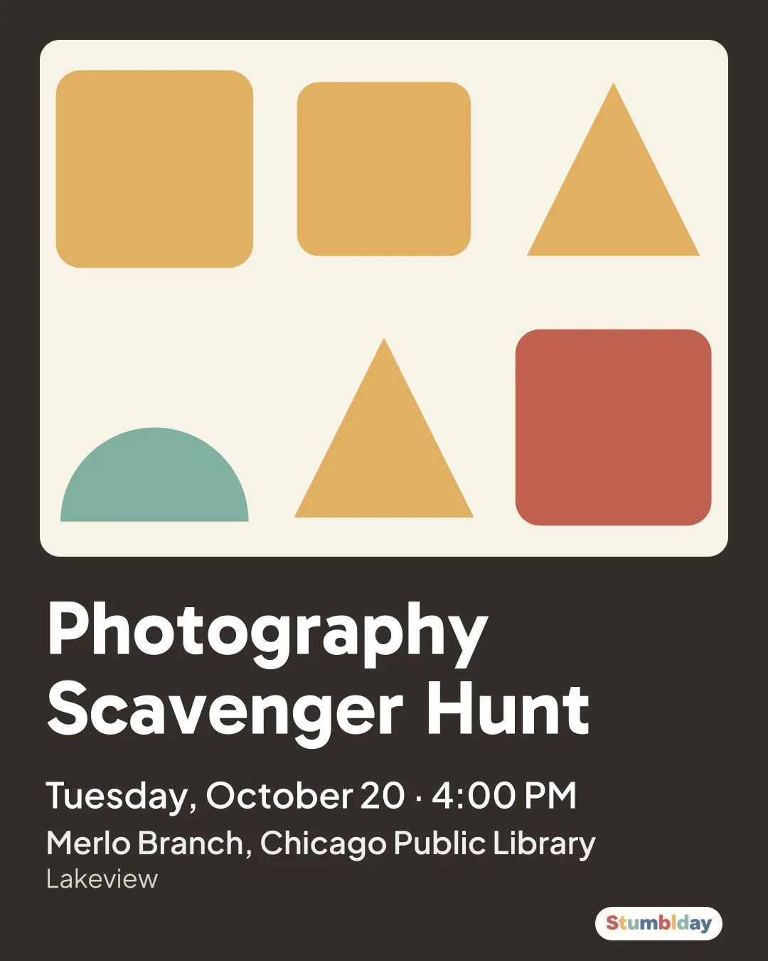 Flyer for Photography Scavenger Hunt: Tuesday, October 20 · 4:00 PM at Merlo Branch, Chicago Public Library