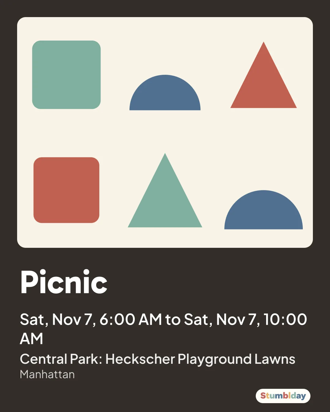 Flyer for Picnic: Sat, Nov 7, 6:00 AM to Sat, Nov 7, 10:00 AM at Central Park: Heckscher Playground Lawns