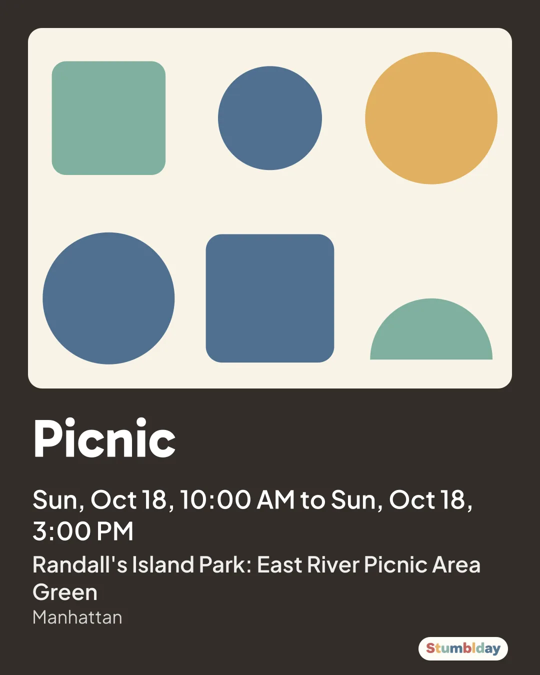 Flyer for Picnic: Sun, Oct 18, 10:00 AM to Sun, Oct 18, 3:00 PM at Randall's Island Park: East River Picnic Area Green