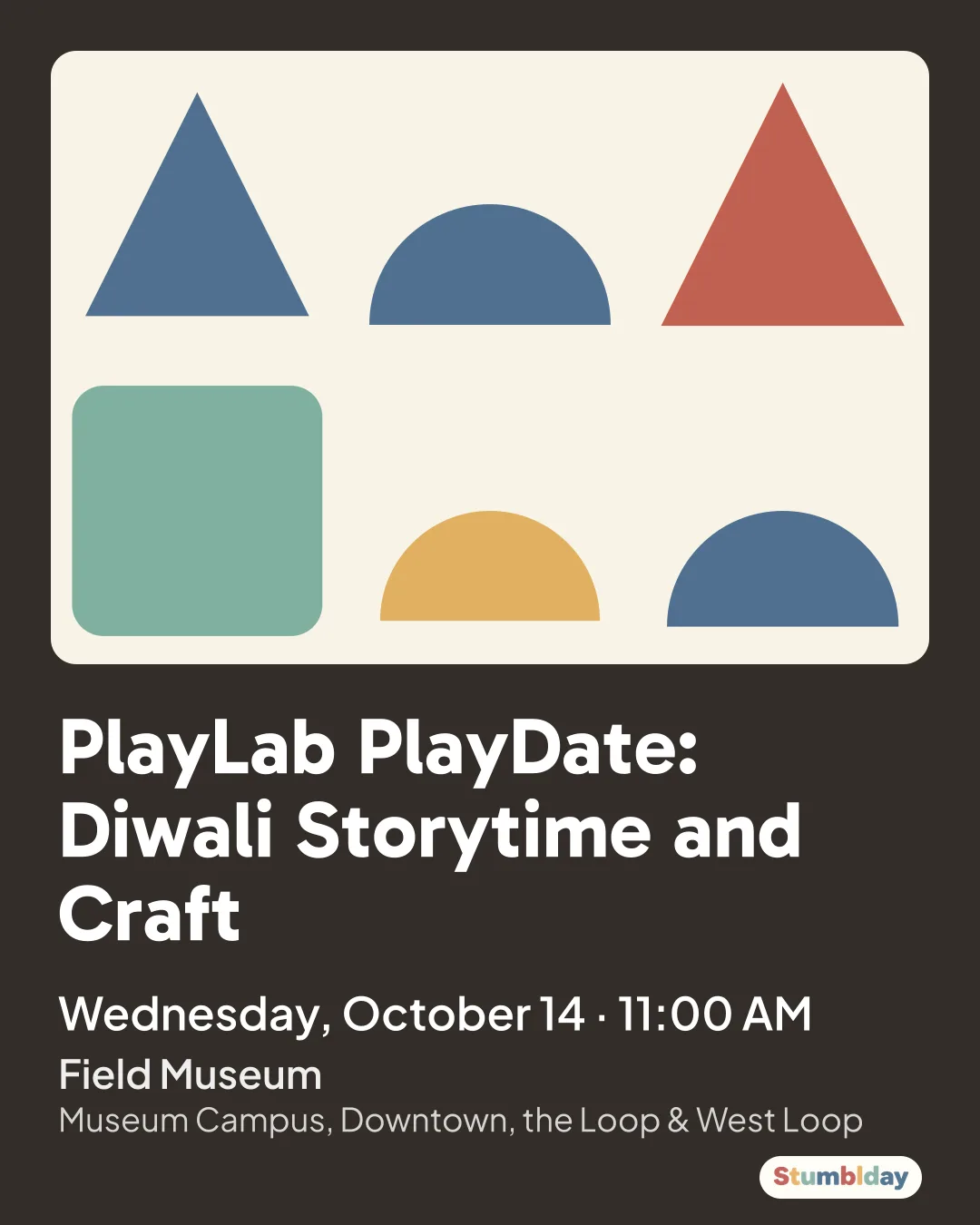 Flyer for PlayLab PlayDate: Diwali Storytime and Craft: Wednesday, October 14 · 11:00 AM at Field Museum