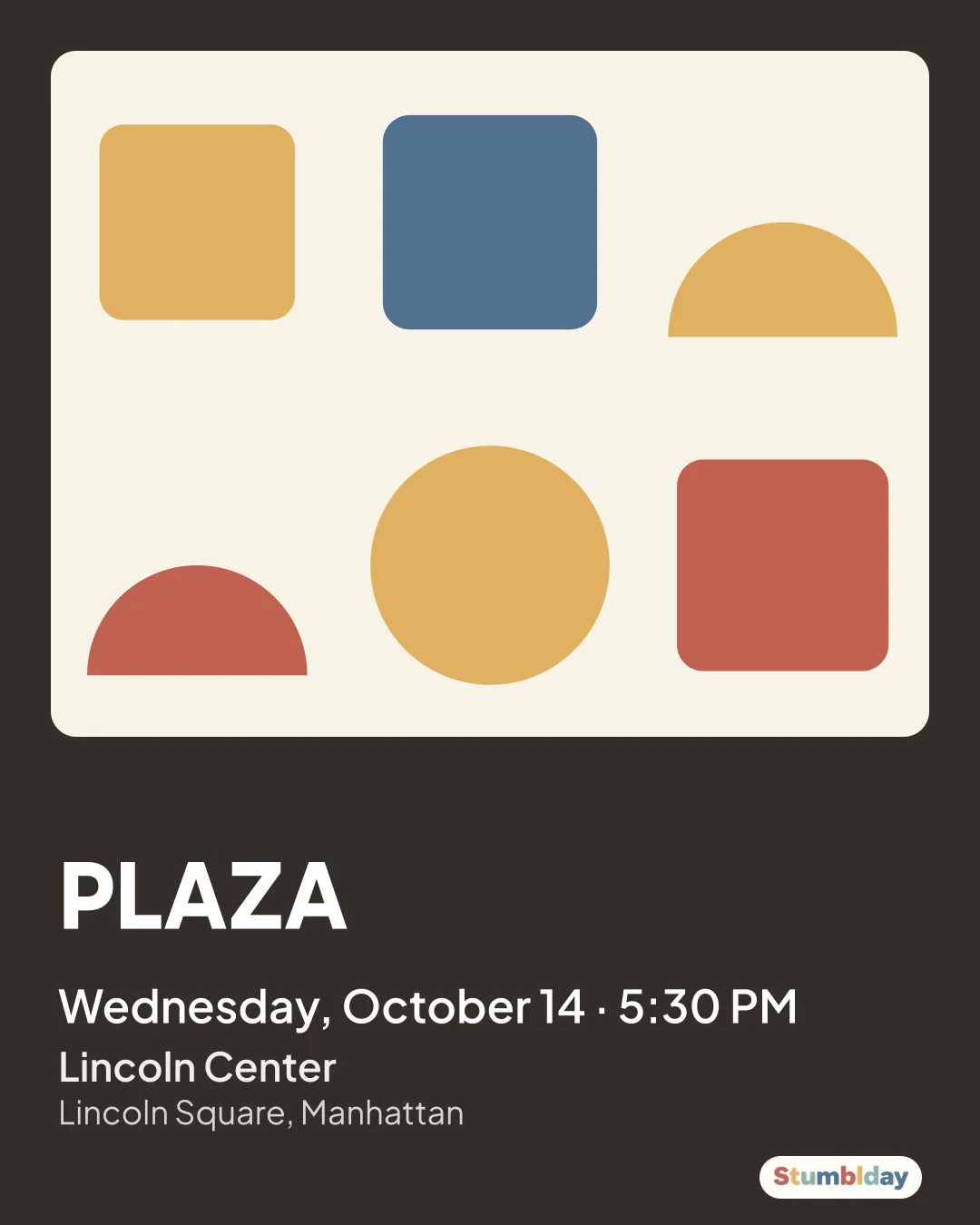 Flyer for PLAZA: Wednesday, October 14 · 5:30 PM at Lincoln Center