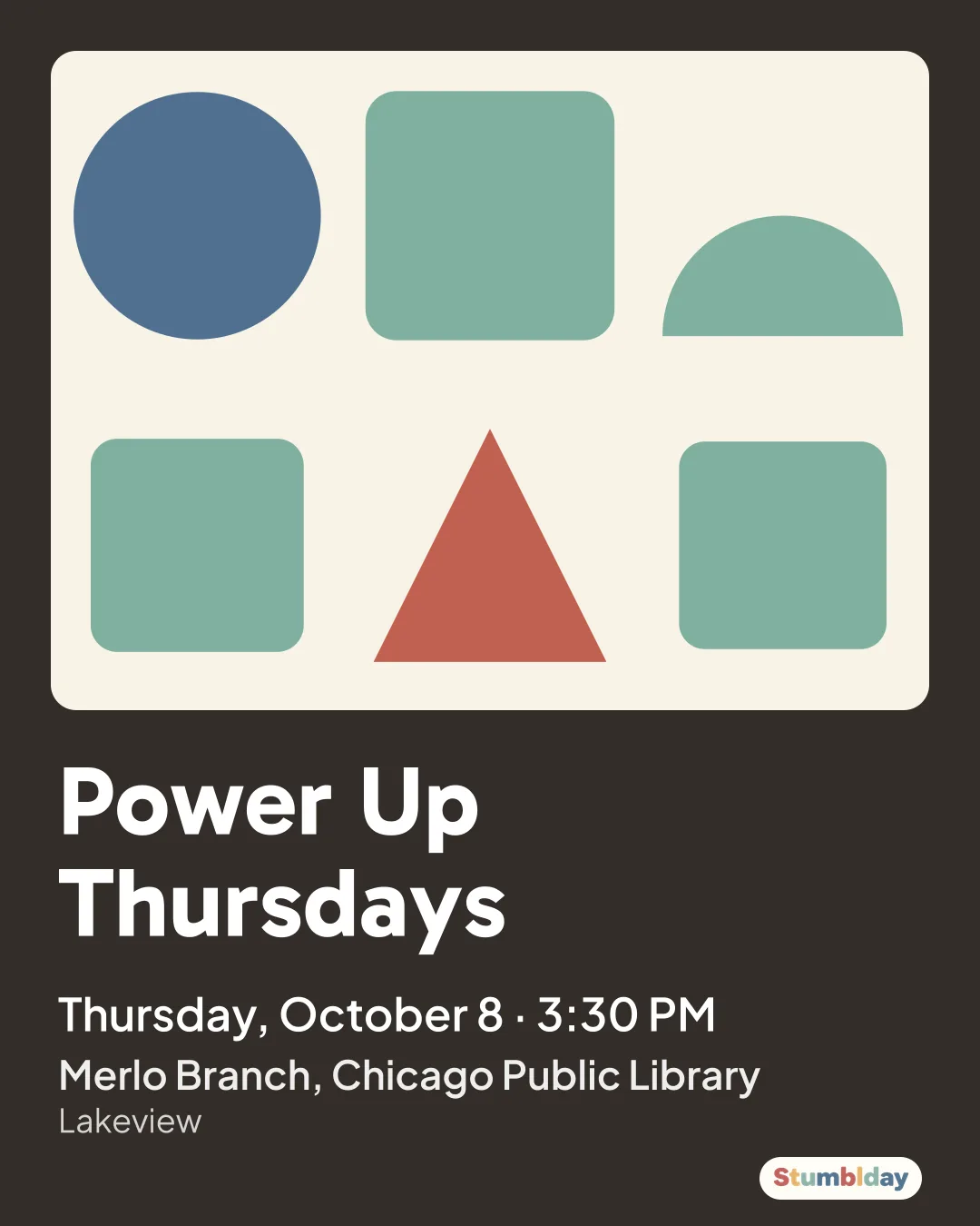 Flyer for Power Up Thursdays: Thursday, October 8 · 3:30 PM at Merlo Branch, Chicago Public Library