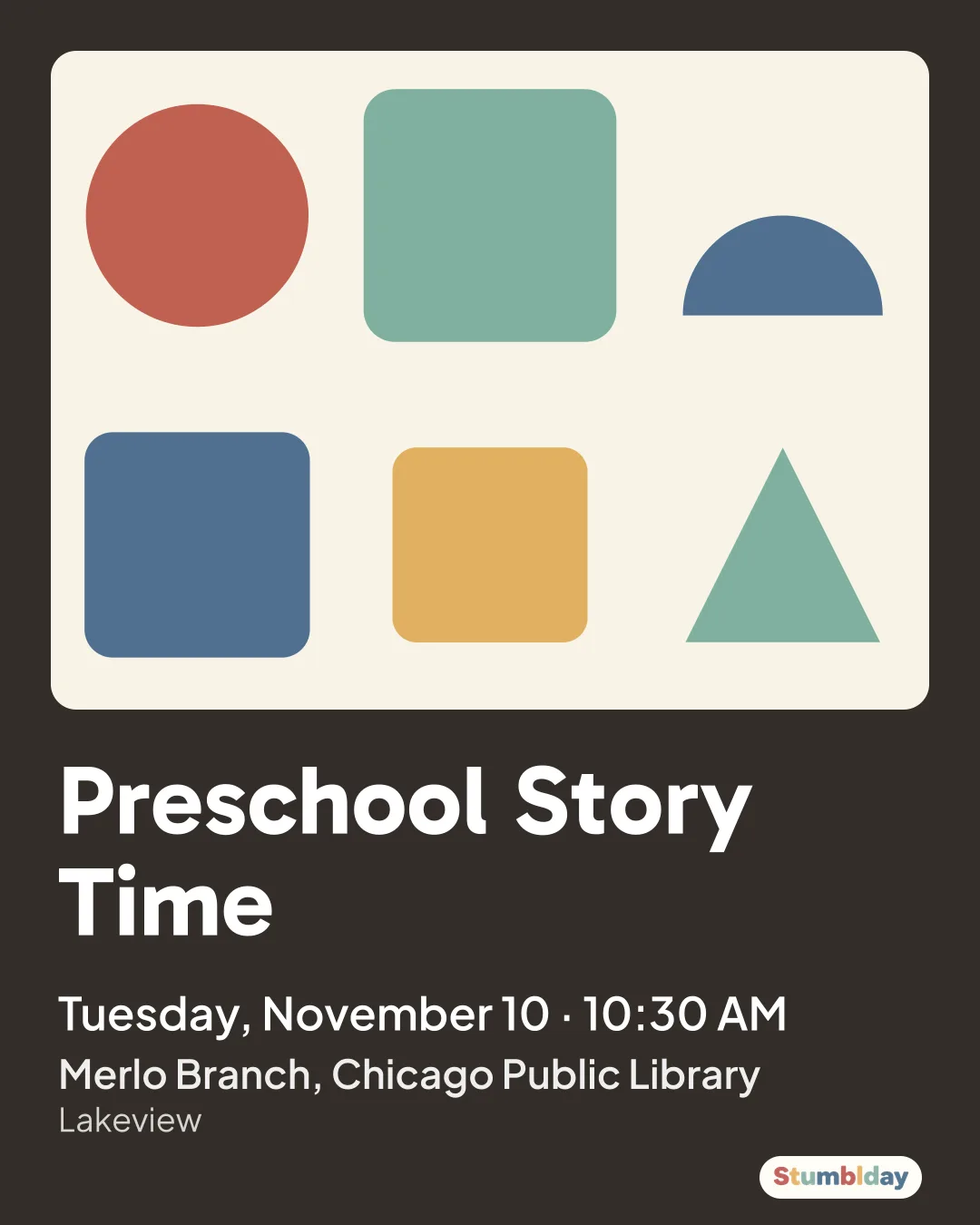 Flyer for Preschool Story Time: Tuesday, November 10 · 10:30 AM at Merlo Branch, Chicago Public Library