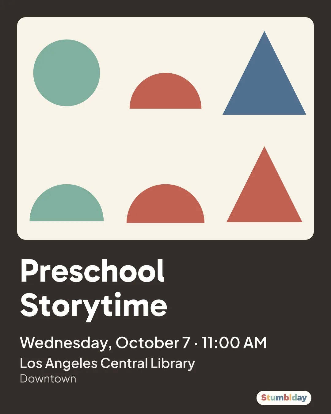 Flyer for Preschool Storytime: Wednesday, October 7 · 11:00 AM at Los Angeles Central Library