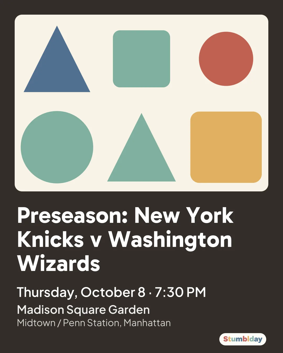 Flyer for Preseason: New York Knicks v Washington Wizards: Thursday, October 8 · 7:30 PM at Madison Square Garden