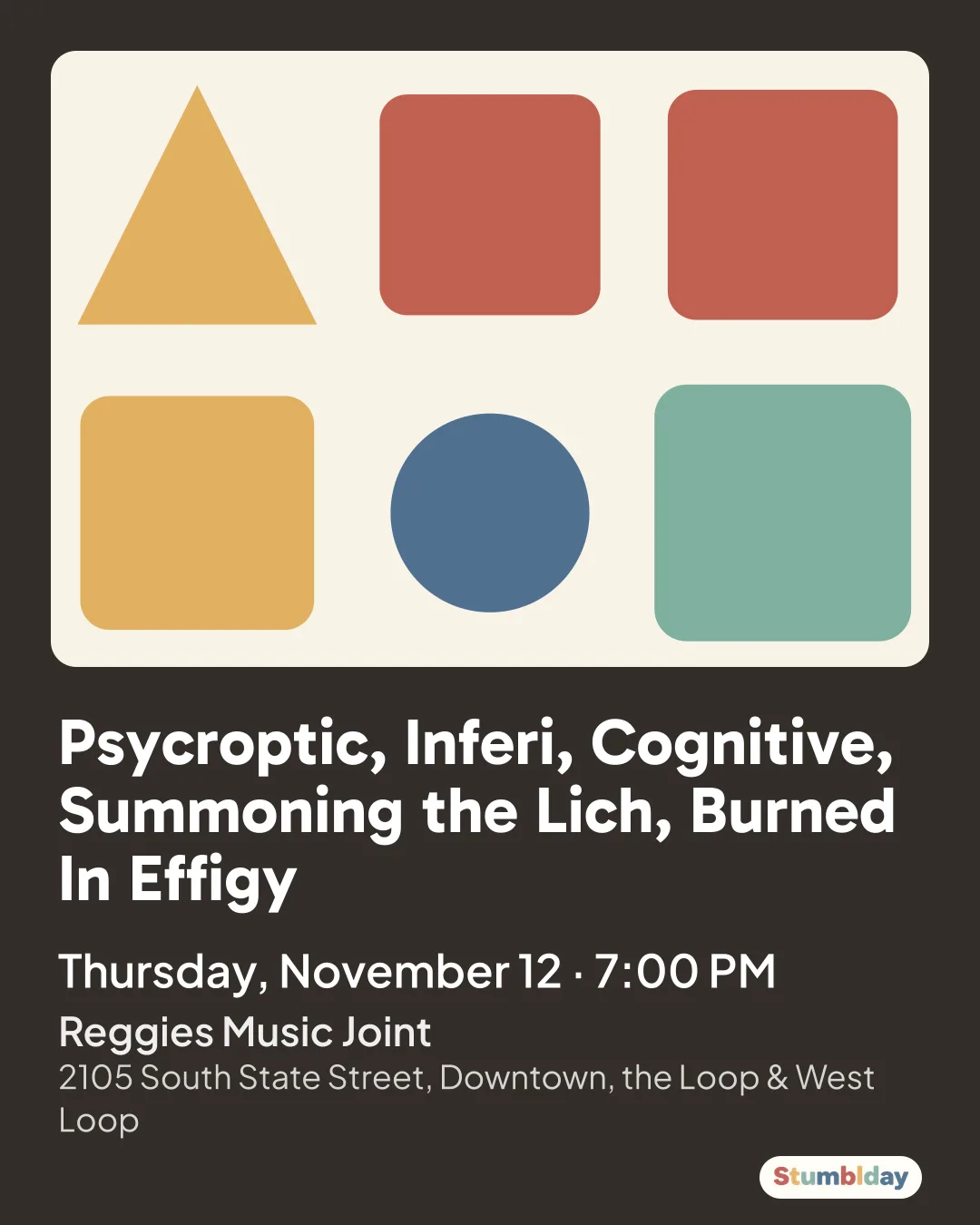 Flyer for Psycroptic, Inferi, Cognitive, Summoning the Lich, Burned In Effigy: Thursday, November 12 · 7:00 PM at Reggies Music Joint