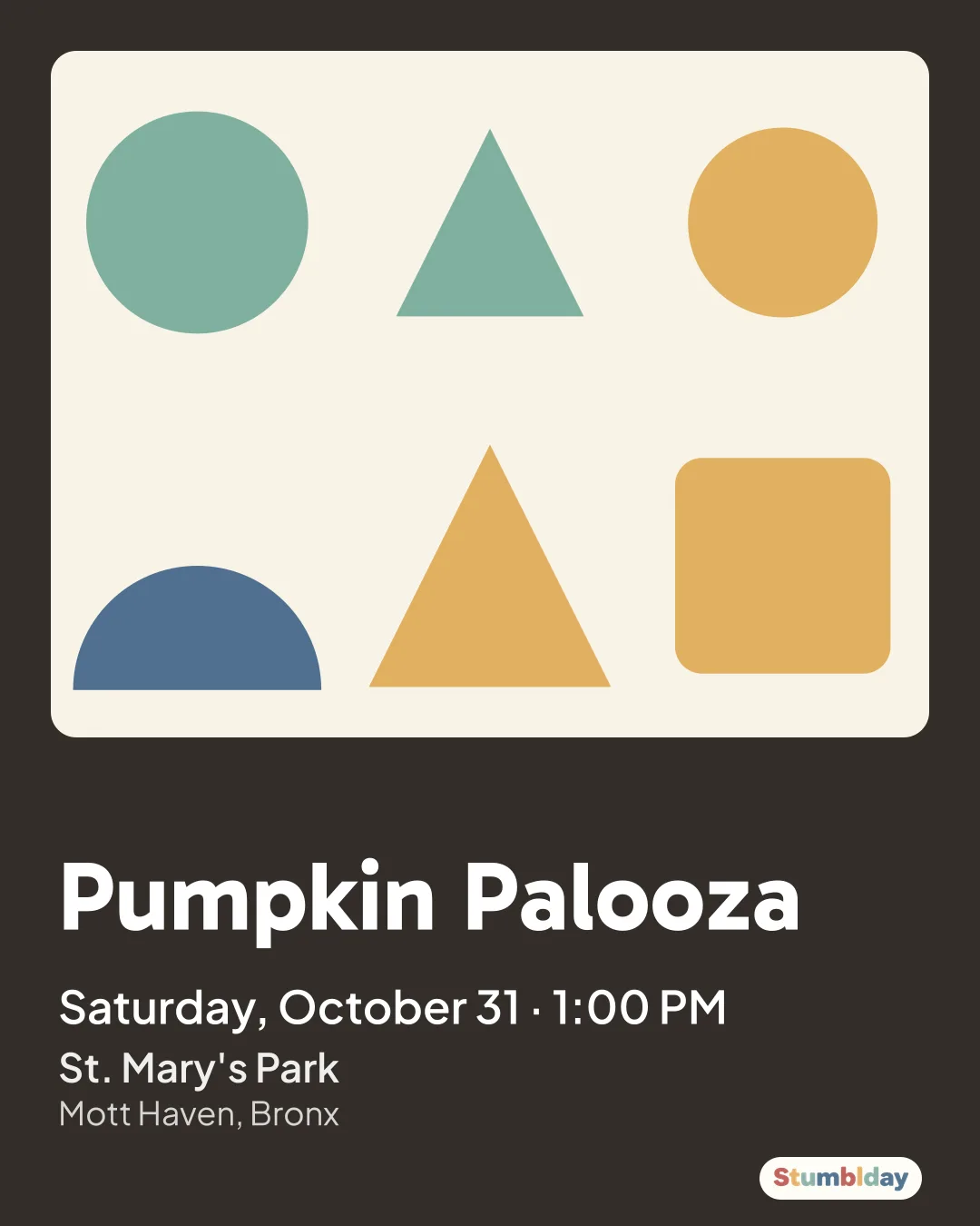 Flyer for Pumpkin Palooza: Saturday, October 31 · 1:00 PM at St. Mary's Park