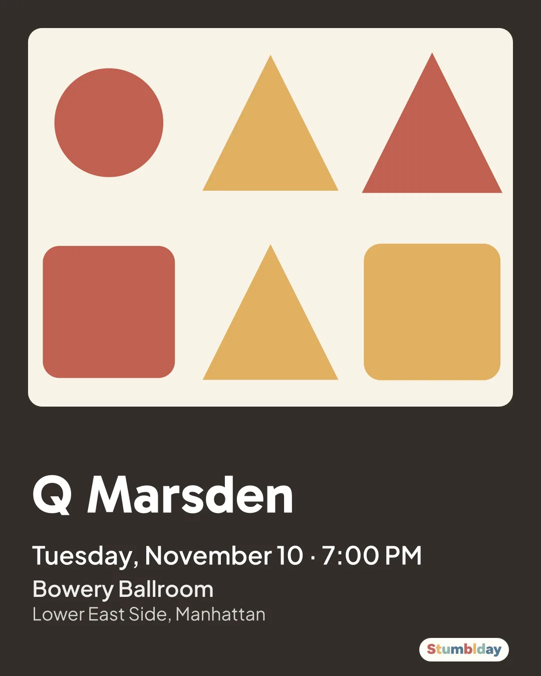 Flyer for Q Marsden: Tuesday, November 10 · 7:00 PM at Bowery Ballroom