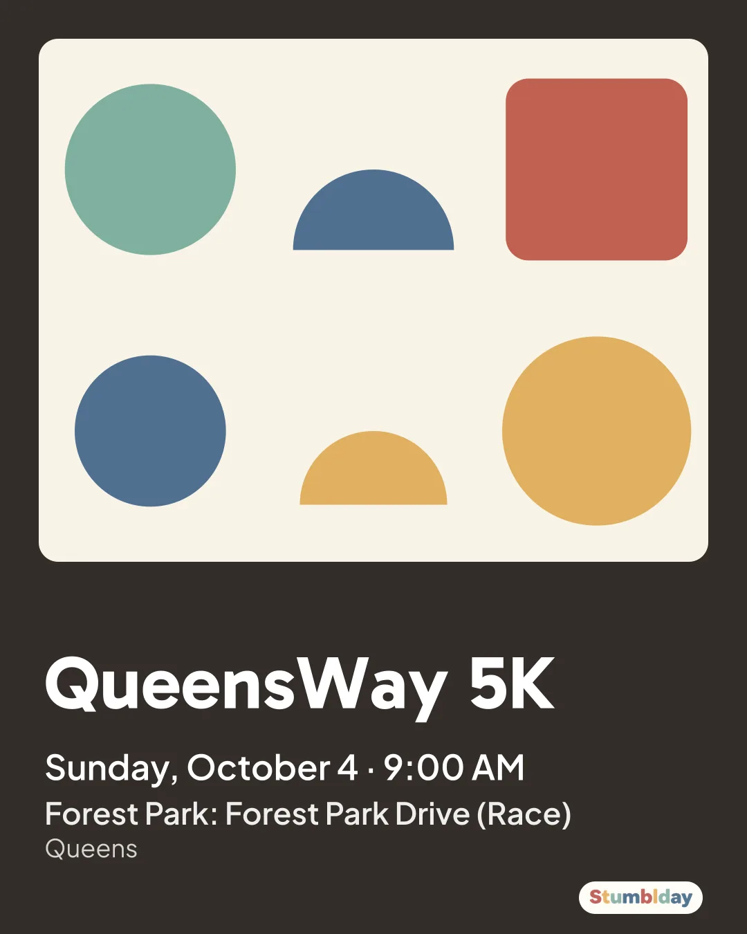 Flyer for QueensWay 5K: Sunday, October 4 · 9:00 AM at Forest Park: Forest Park Drive (Race)