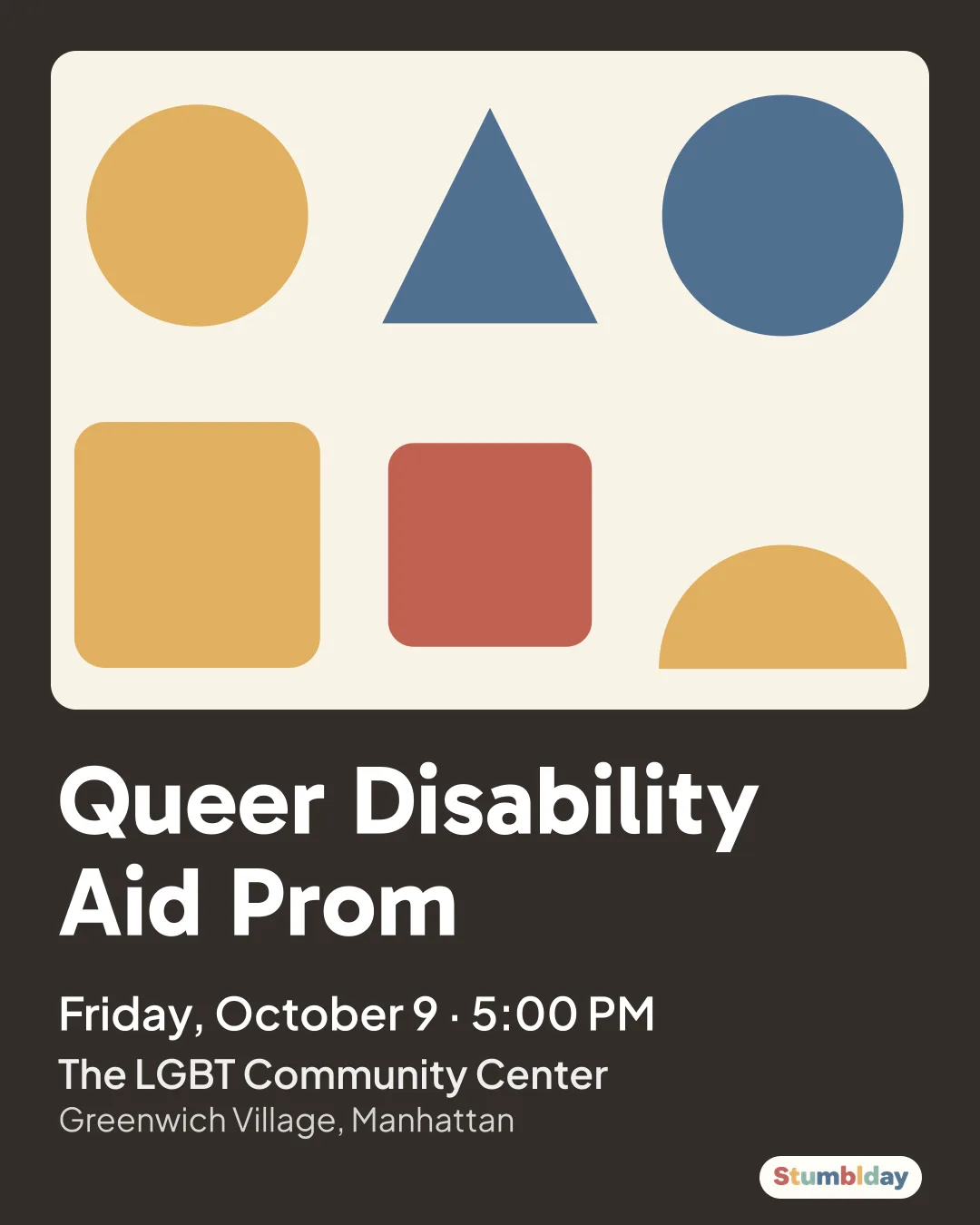 Flyer for Queer Disability Aid Prom: Friday, October 9 · 5:00 PM at The LGBT Community Center