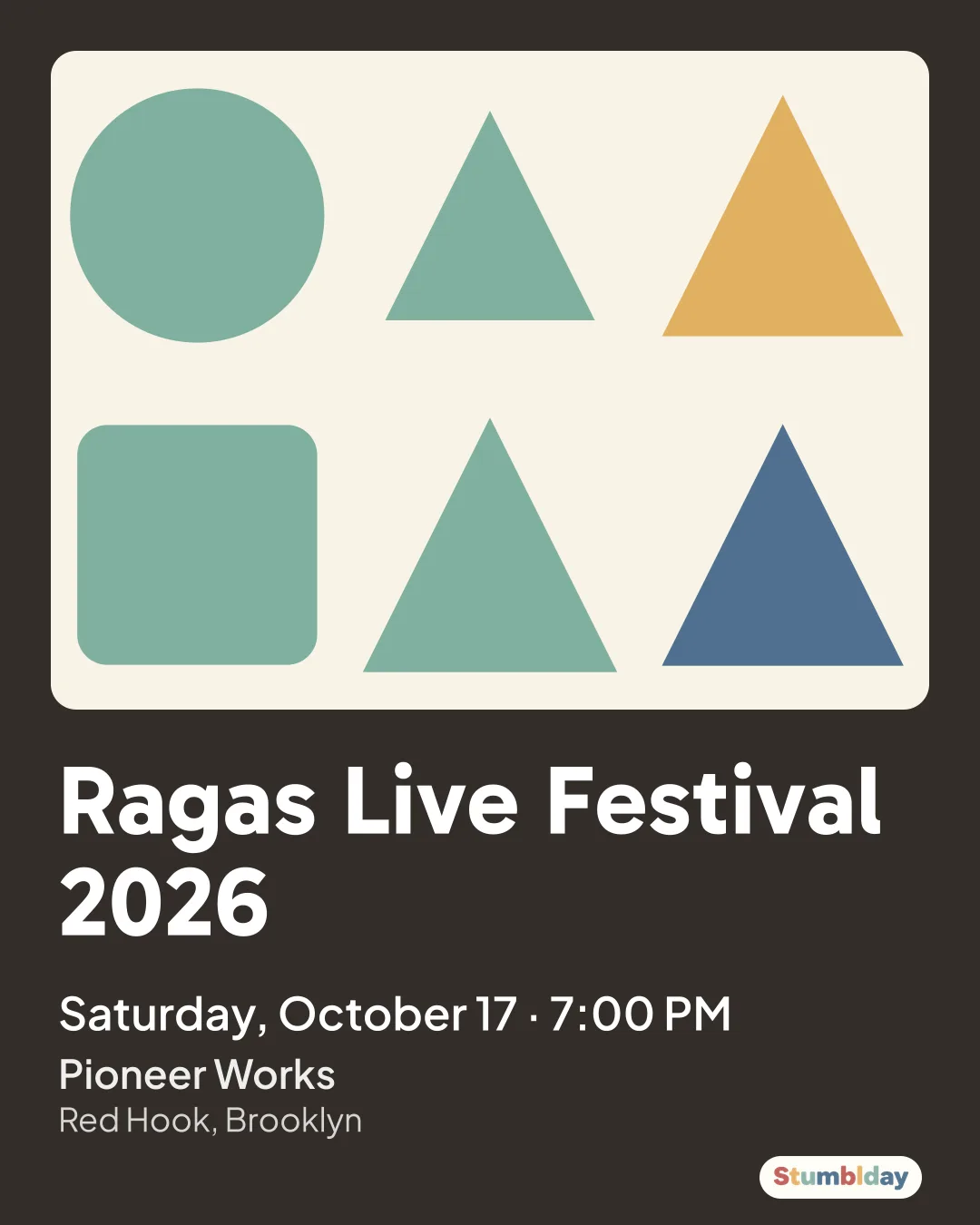 Flyer for Ragas Live Festival 2026: Saturday, October 17 · 7:00 PM at Pioneer Works