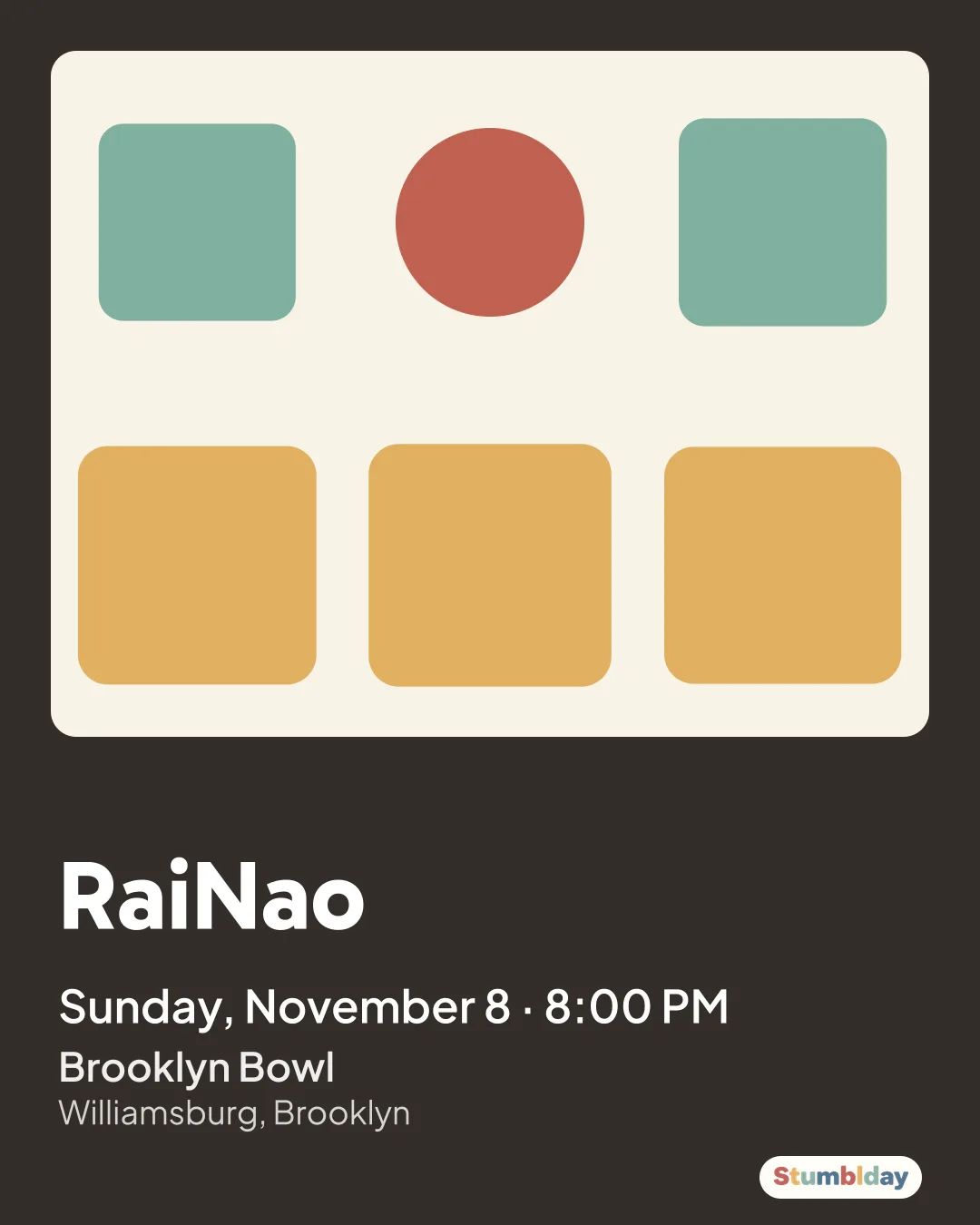 Flyer for RaiNao: Sunday, November 8 · 8:00 PM at Brooklyn Bowl