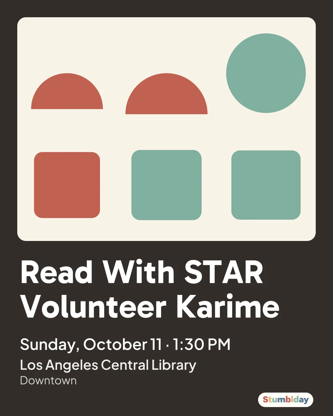 Flyer for Read With STAR Volunteer Karime: Sunday, October 11 · 1:30 PM at Los Angeles Central Library