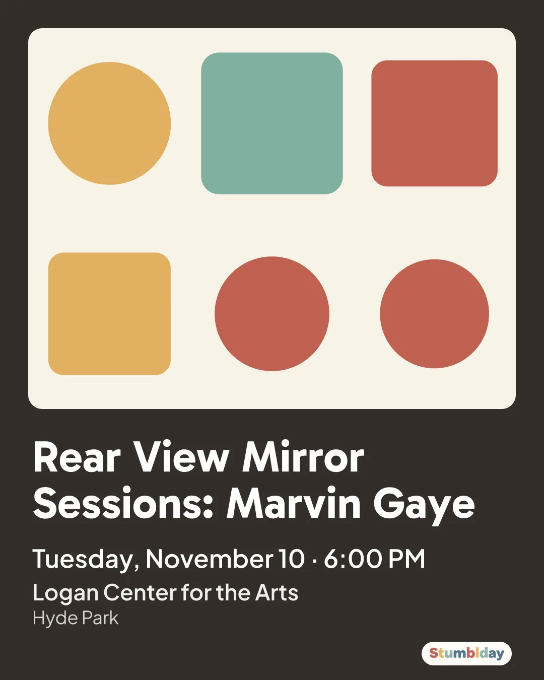 Flyer for Rear View Mirror Sessions: Marvin Gaye: Tuesday, November 10 ยท 6:00 PM at Logan Center for the Arts