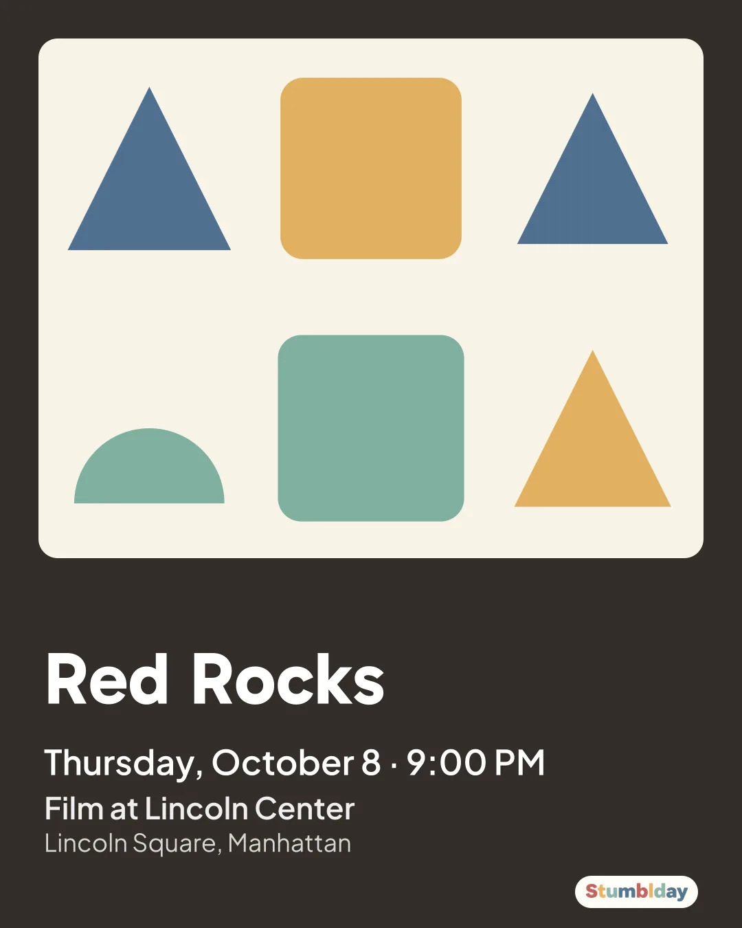 Flyer for Red Rocks: Thursday, October 8 · 9:00 PM at Film at Lincoln Center