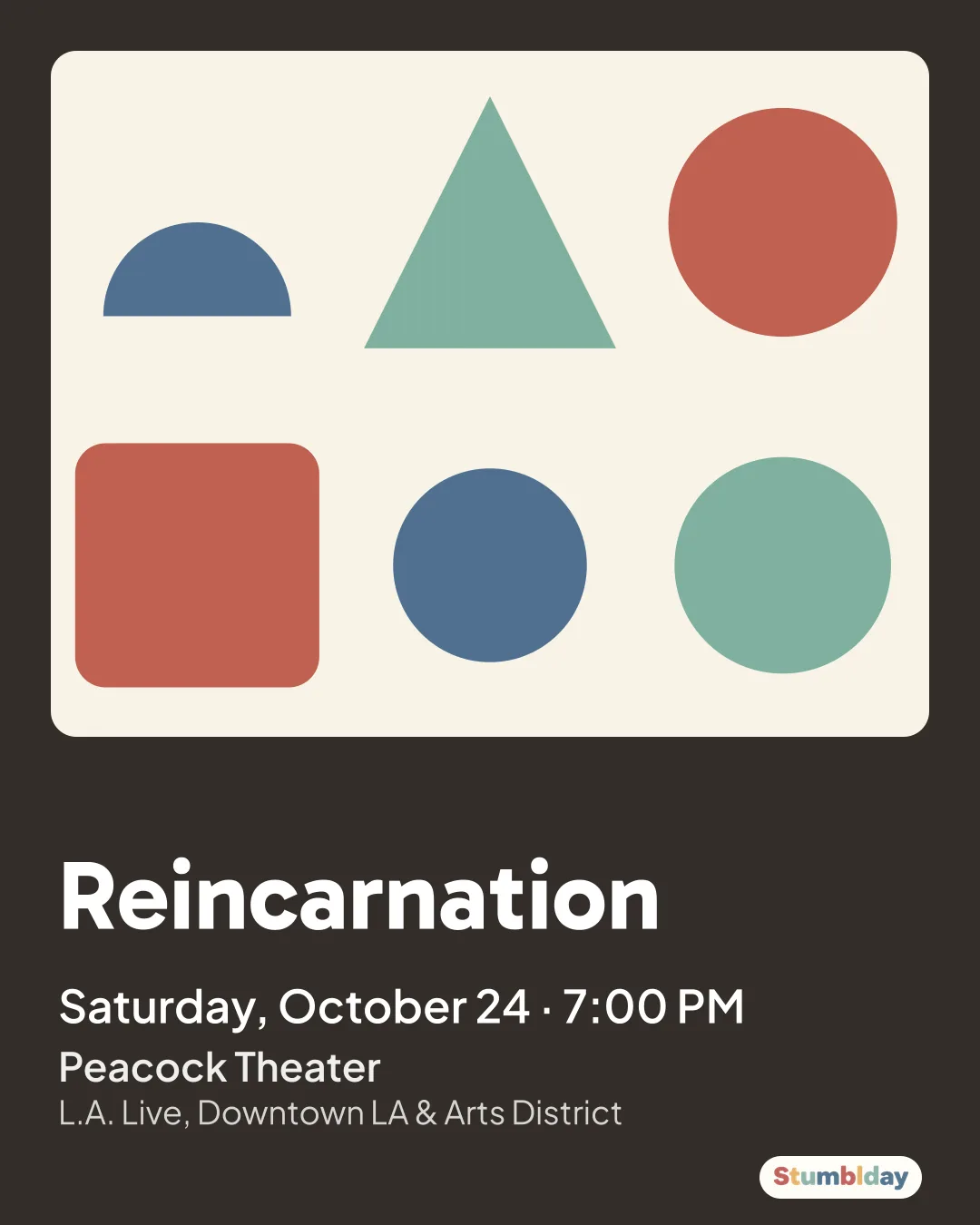 Flyer for Reincarnation: Saturday, October 24 · 7:00 PM at Peacock Theater