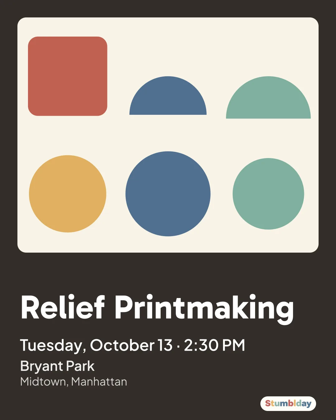 Flyer for Relief Printmaking: Tuesday, October 13 · 2:30 PM at Bryant Park