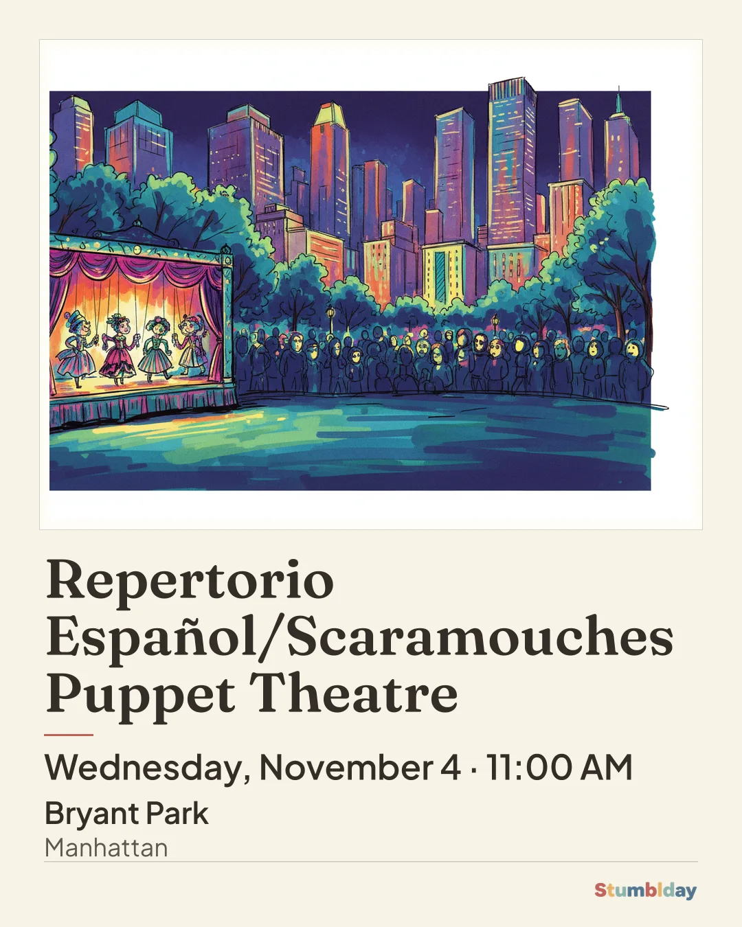 Flyer for Repertorio Español/Scaramouches Puppet Theatre: Wednesday, November 4 · 11:00 AM at Bryant Park