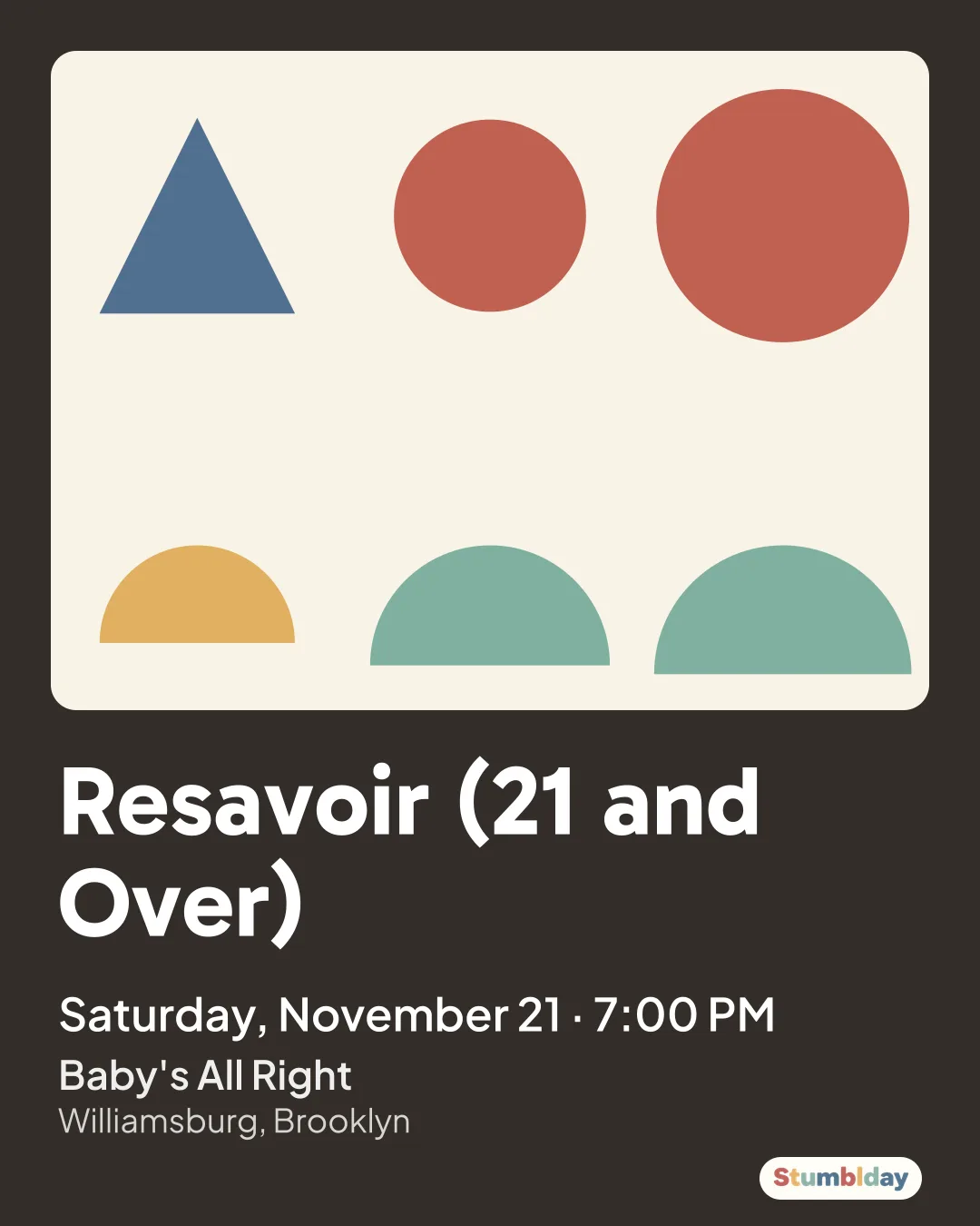 Flyer for Resavoir (21 and Over): Saturday, November 21 · 7:00 PM at Baby's All Right