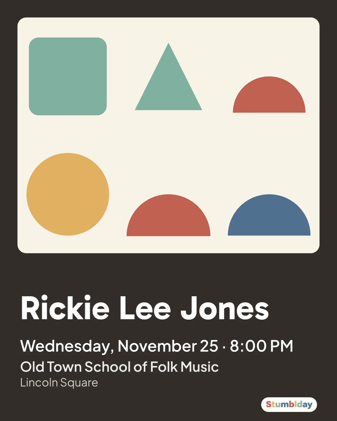 Flyer for Rickie Lee Jones: Wednesday, November 25 · 8:00 PM at Old Town School of Folk Music