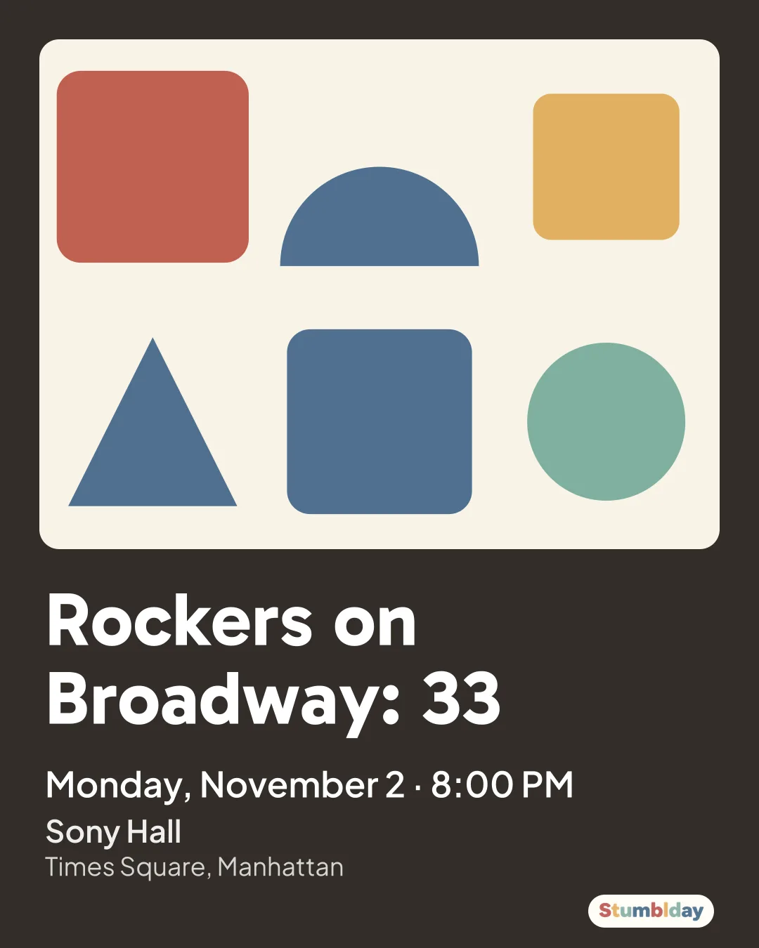 Flyer for Rockers on Broadway: 33: Monday, November 2 · 8:00 PM at Sony Hall