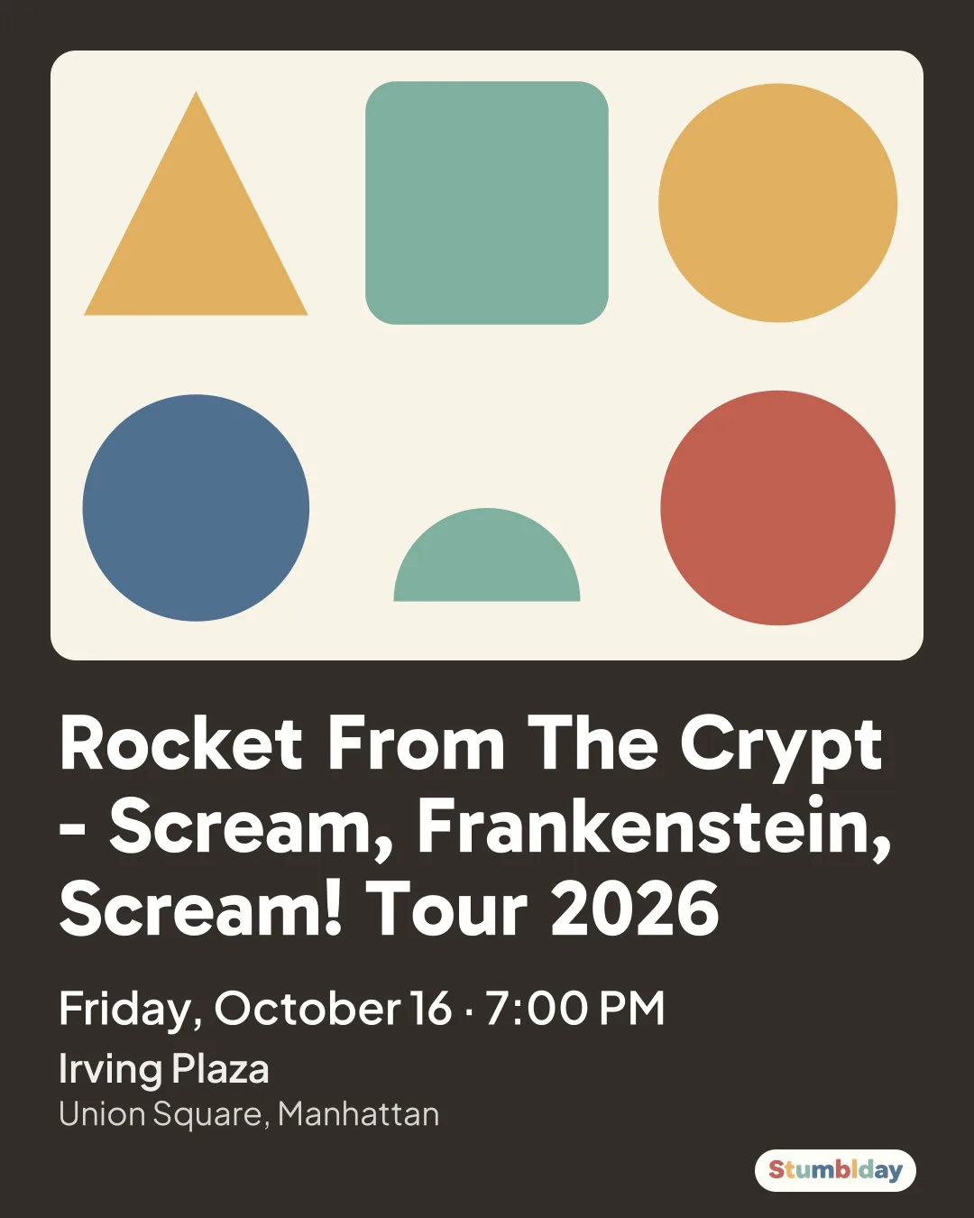 Flyer for Rocket From The Crypt - Scream, Frankenstein, Scream! Tour 2026: Friday, October 16 · 7:00 PM at Irving Plaza