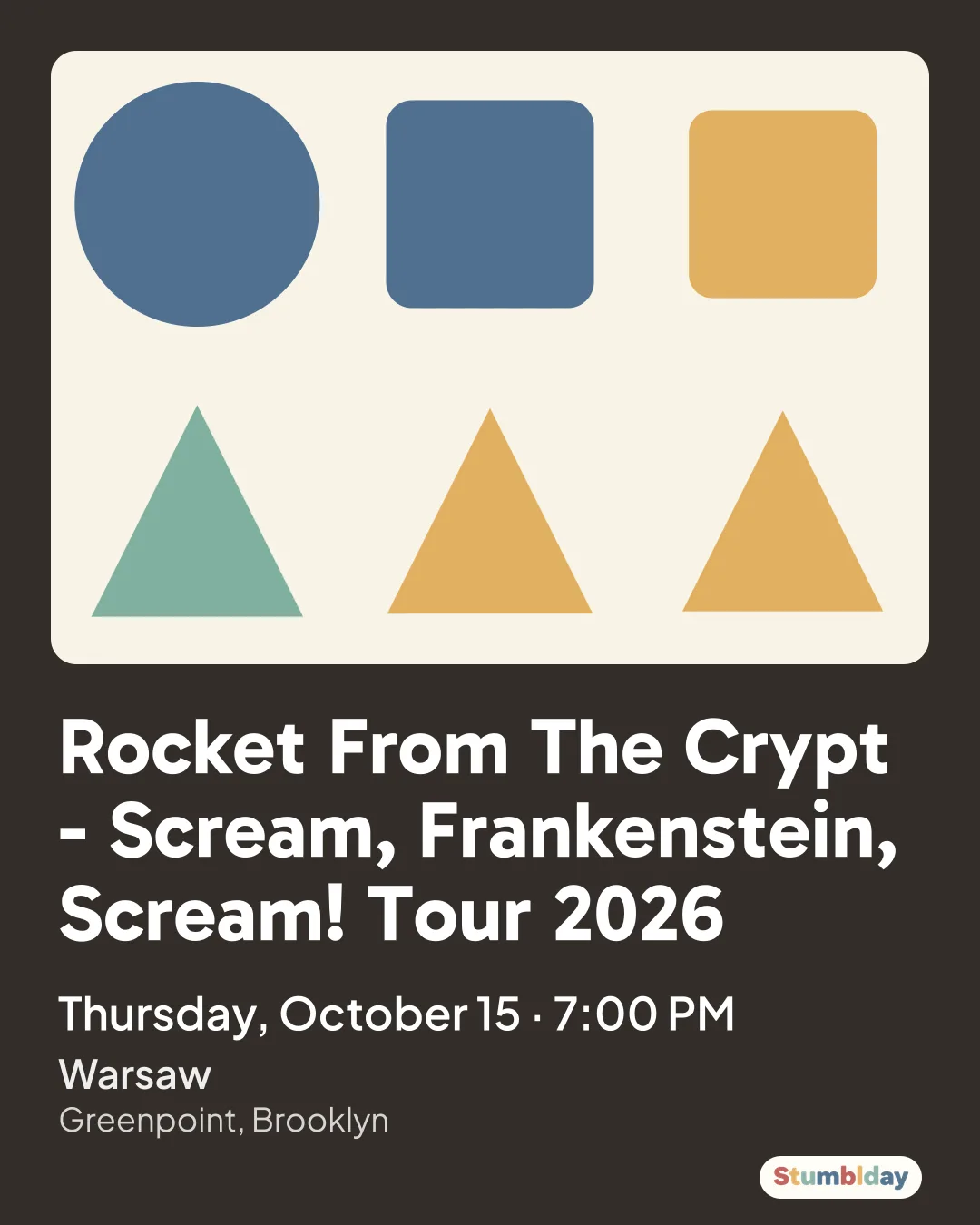 Flyer for Rocket From The Crypt - Scream, Frankenstein, Scream! Tour 2026: Thursday, October 15 · 7:00 PM at Warsaw
