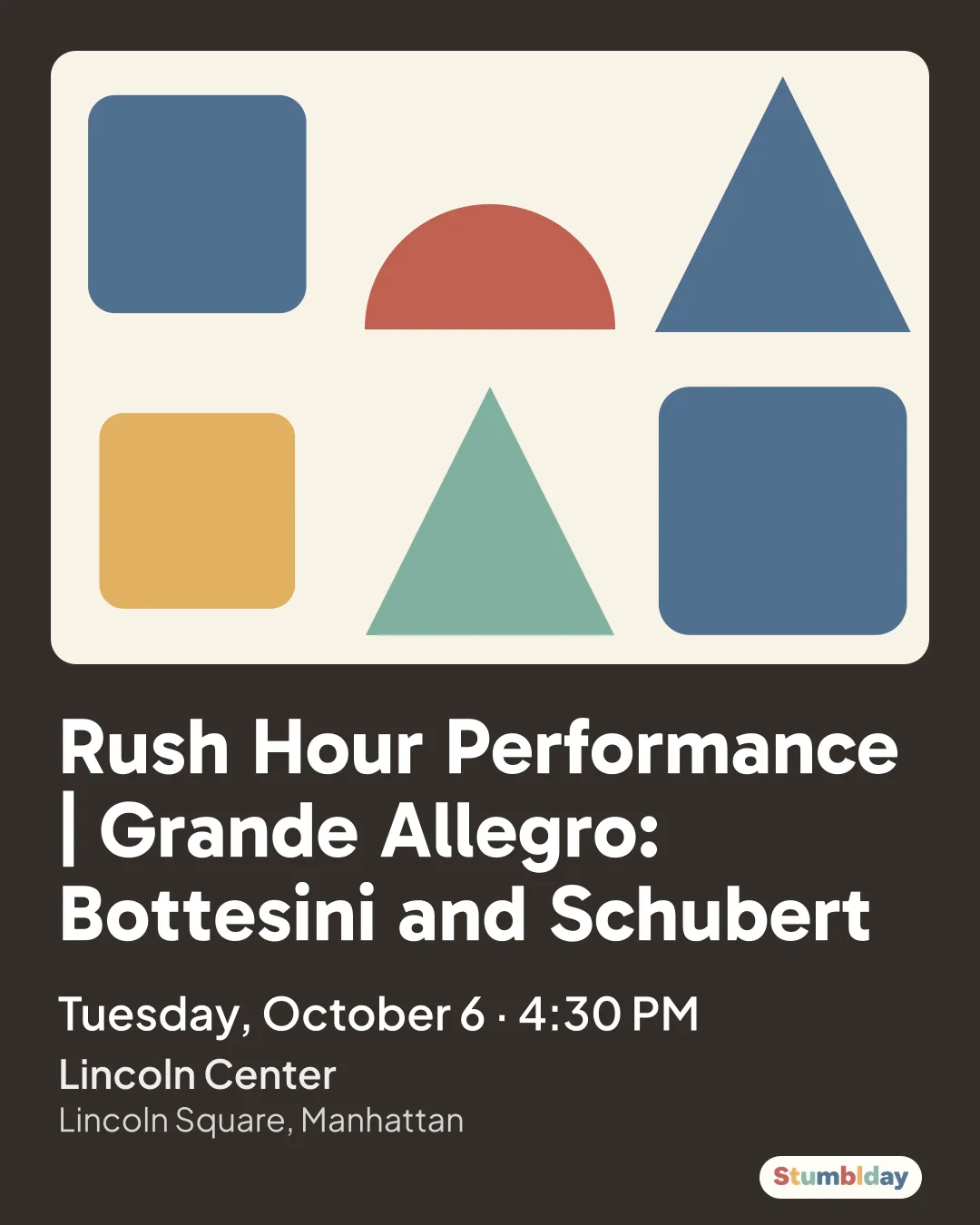 Flyer for Rush Hour Performance | Grande Allegro: Bottesini and Schubert: Tuesday, October 6 · 4:30 PM at Lincoln Center