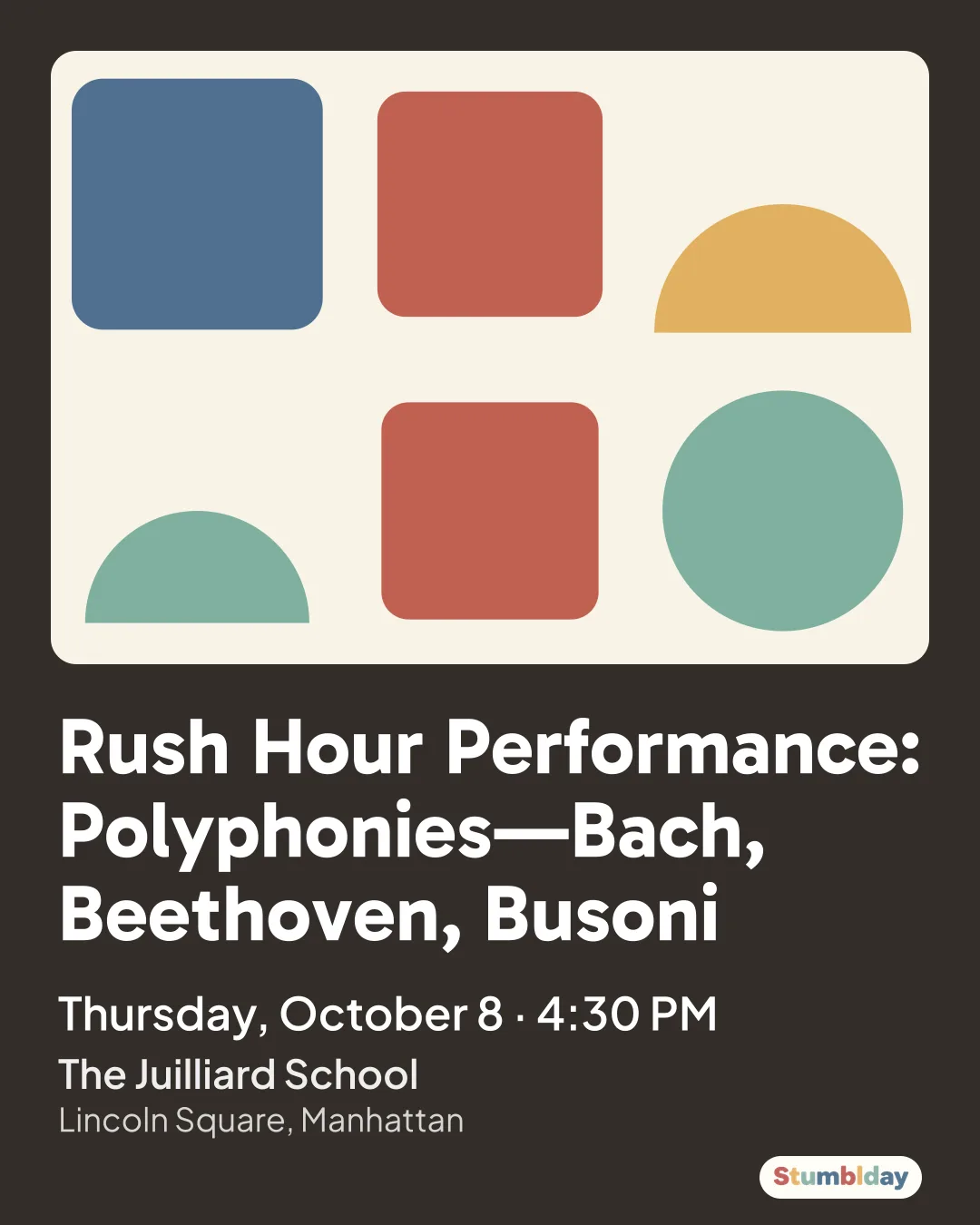 Flyer for Rush Hour Performance: Polyphonies—Bach, Beethoven, Busoni: Thursday, October 8 · 4:30 PM at The Juilliard School