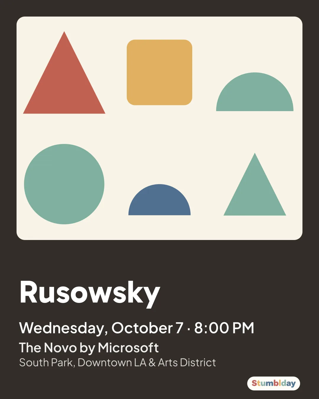 Flyer for Rusowsky: Wednesday, October 7 · 8:00 PM at The Novo by Microsoft