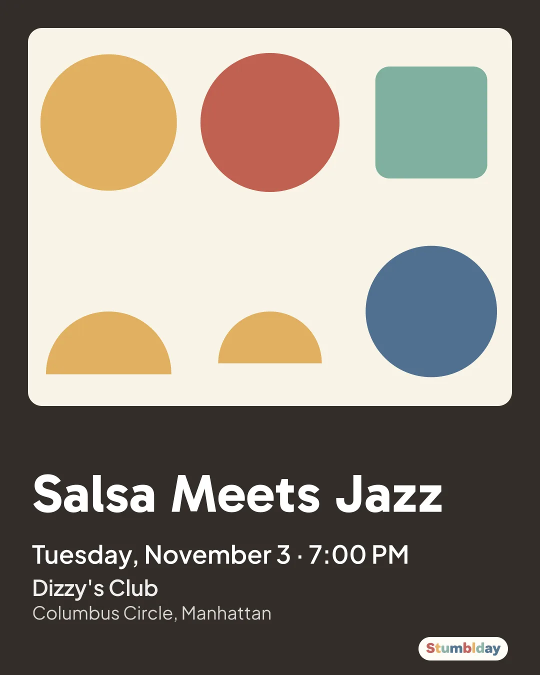 Flyer for Salsa Meets Jazz: Tuesday, November 3 · 7:00 PM at Dizzy's Club