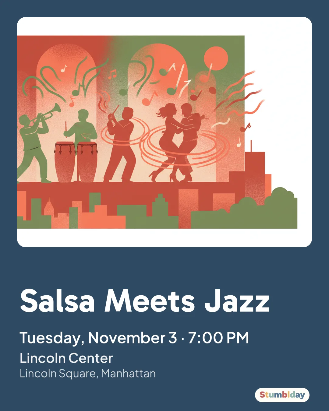 Flyer for Salsa Meets Jazz: Tuesday, November 3 · 7:00 PM at Lincoln Center