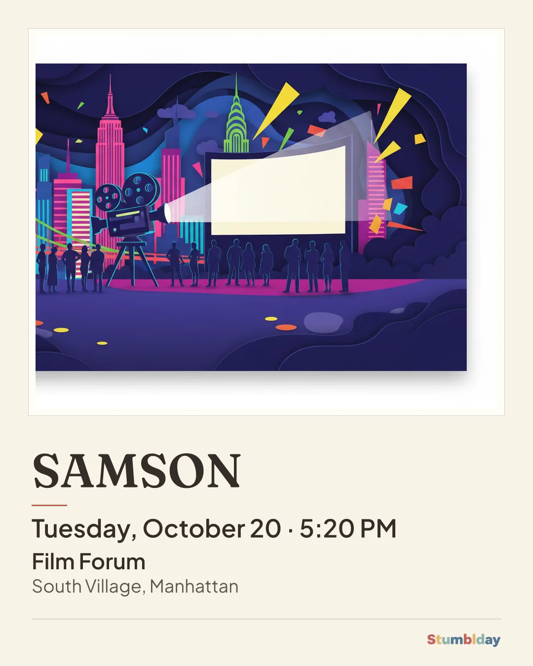 Flyer for SAMSON: Tuesday, October 20 · 5:20 PM at Film Forum