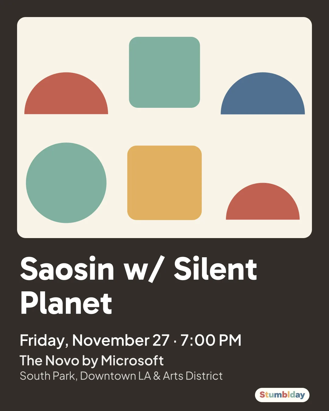 Flyer for Saosin w/ Silent Planet: Friday, November 27 · 7:00 PM at The Novo by Microsoft