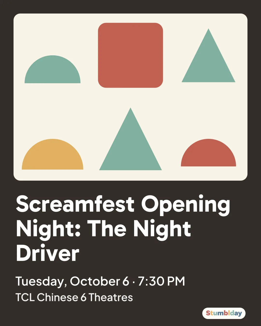 Flyer for Screamfest Opening Night: The Night Driver: Tuesday, October 6 · 7:30 PM at TCL Chinese 6 Theatres
