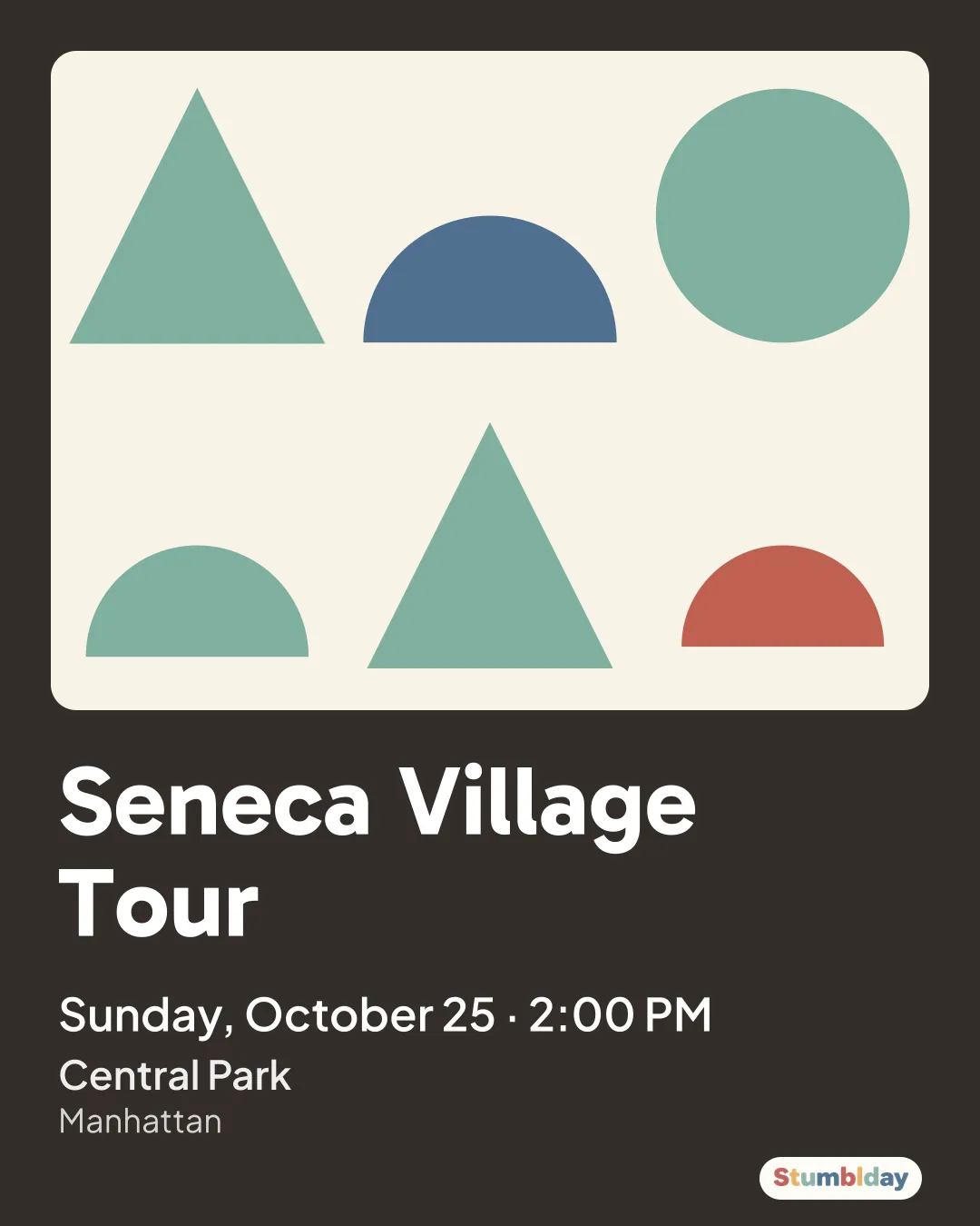 Flyer for Seneca Village Tour: Sunday, October 25 · 2:00 PM at Central Park