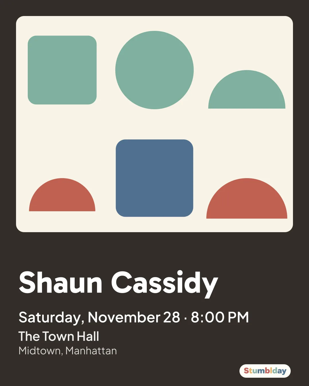 Flyer for Shaun Cassidy: Saturday, November 28 · 8:00 PM at The Town Hall