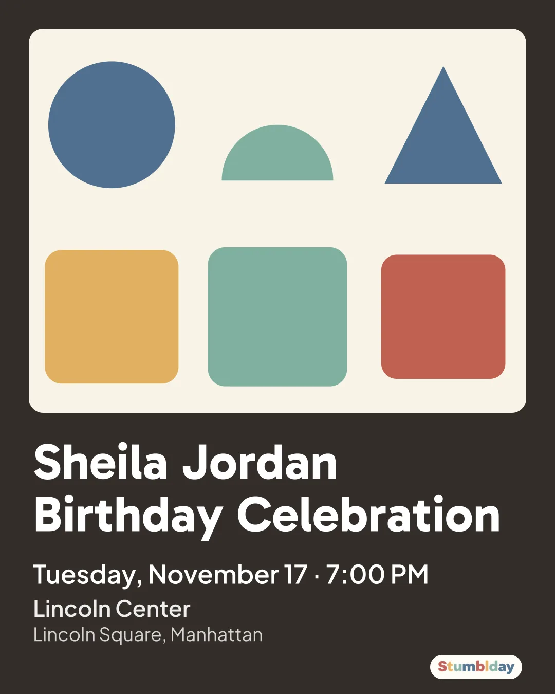 Flyer for Sheila Jordan Birthday Celebration: Tuesday, November 17 · 7:00 PM at Lincoln Center