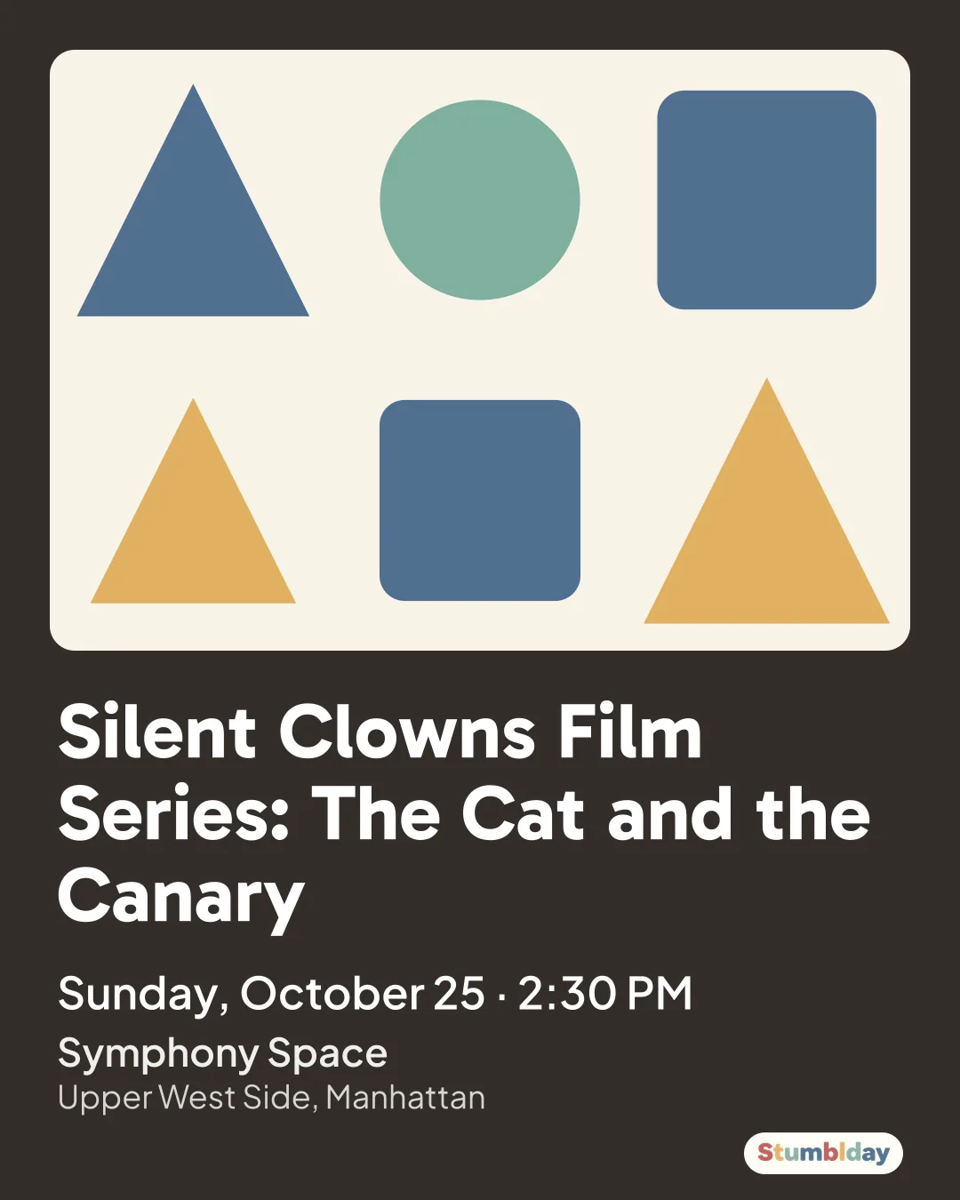 Flyer for Silent Clowns Film Series: The Cat and the Canary: Sunday, October 25 · 2:30 PM at Symphony Space